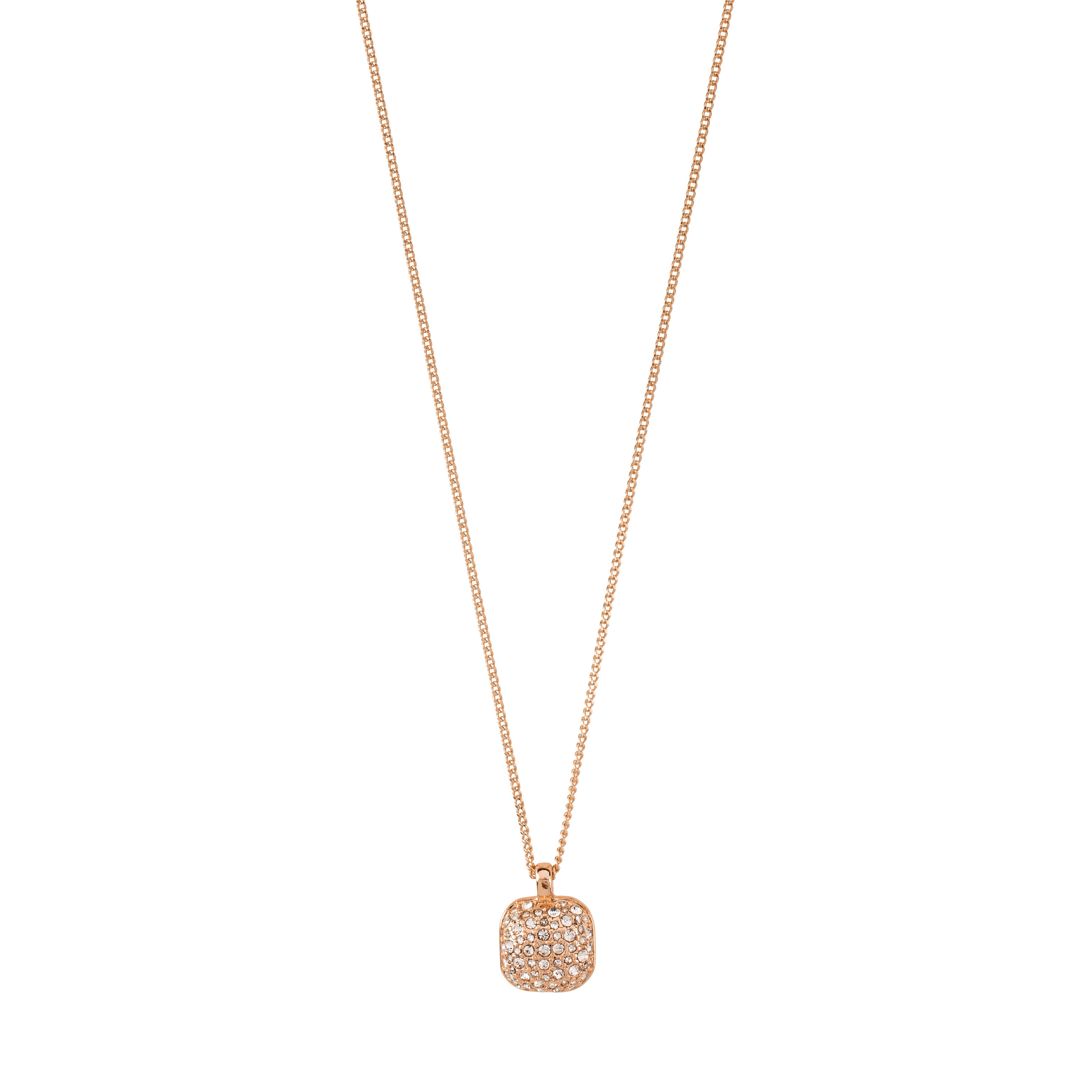 CINDY crystal pendant necklace in rose gold-plated, featuring a slim chain and a square pendant adorned with Preciosa crystals, 40 cm + 9 cm extension.