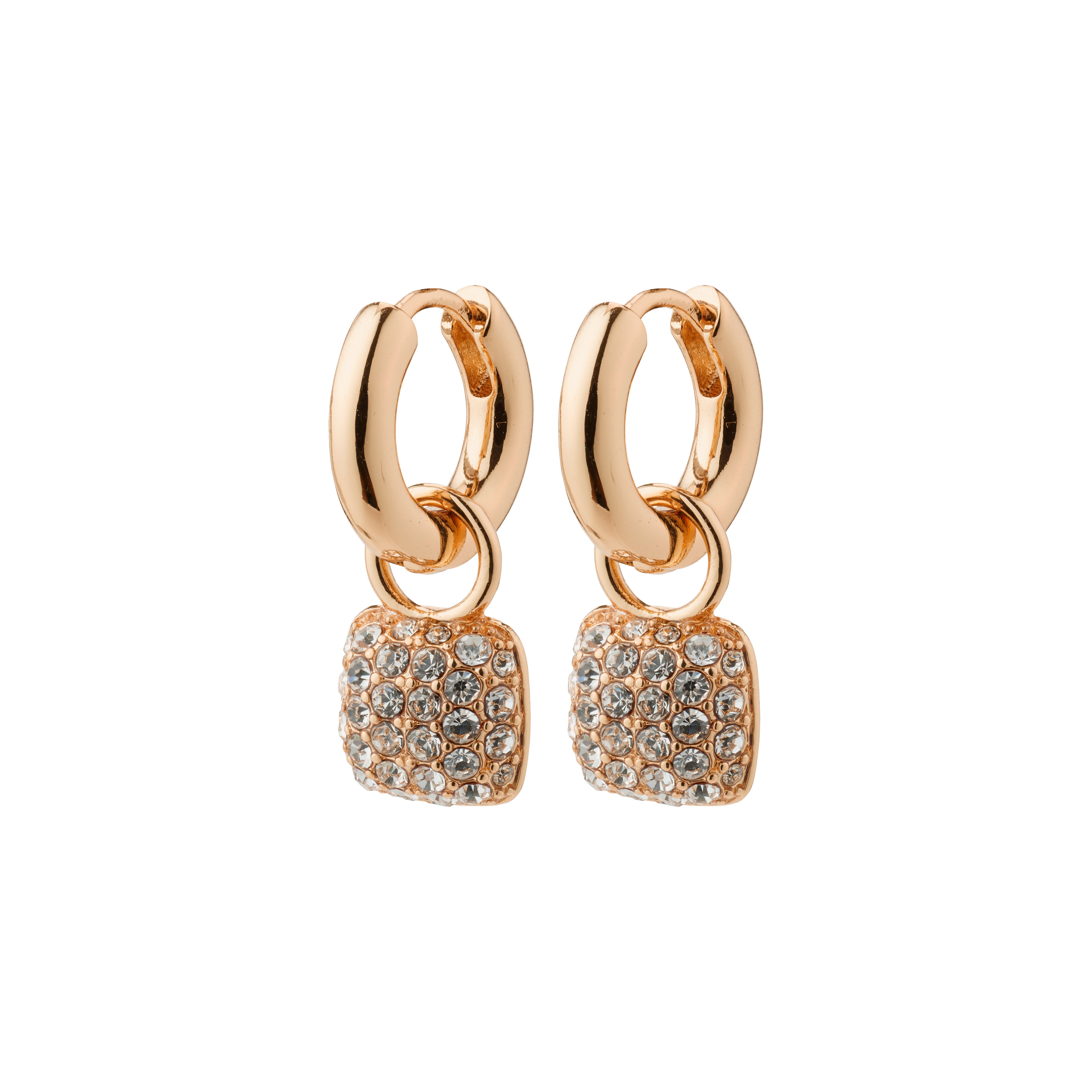 CINDY crystal hoop earrings, rosegold-plated, featuring squared pendants with sparkling Preciosa crystals, embody elegance and modernity from Pilgrim's recycled jewelry collection.