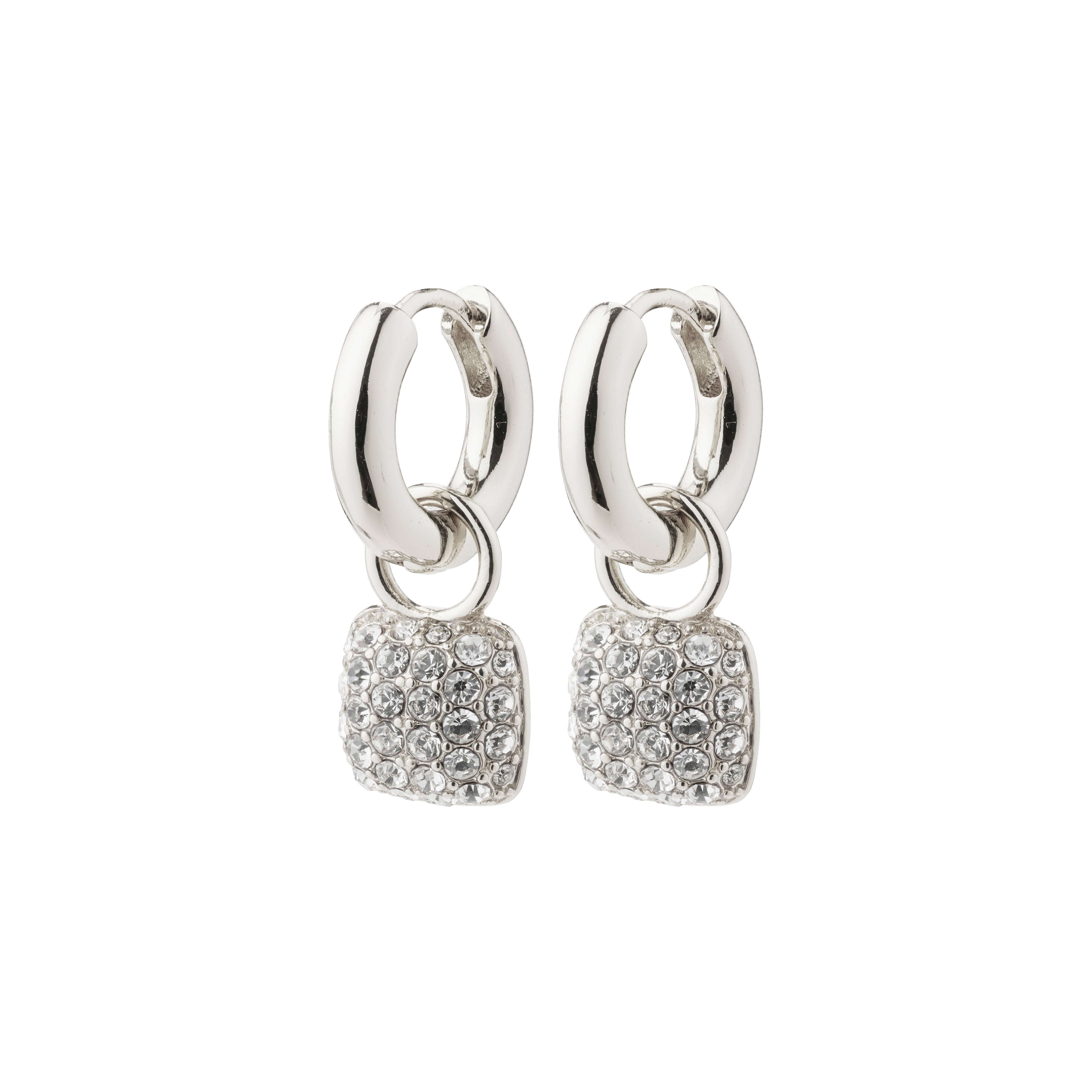 CINDY crystal hoop earrings, silver-plated, featuring soft huggie hoops with removable squared pendants adorned with sparkling Preciosa crystals, made from 98% recycled material.