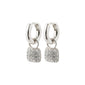 CINDY crystal hoop earrings, silver-plated, featuring soft huggie hoops with removable squared pendants adorned with sparkling Preciosa crystals, made from 98% recycled material.