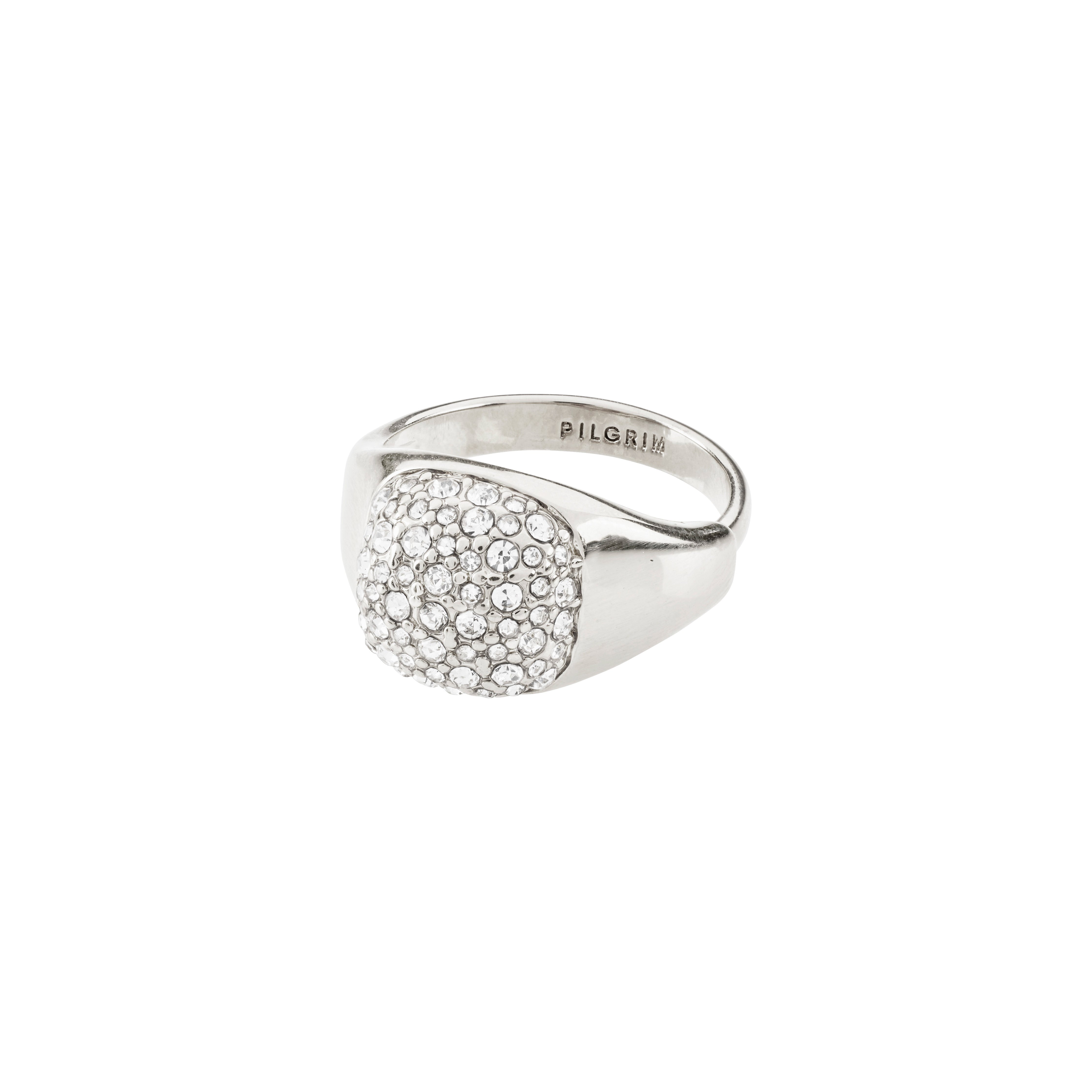 CINDY crystal ring, silver-plated from Pilgrim, features a sleek design with sparkling Preciosa crystals, crafted from 95% recycled materials for an elegant, eco-friendly style.