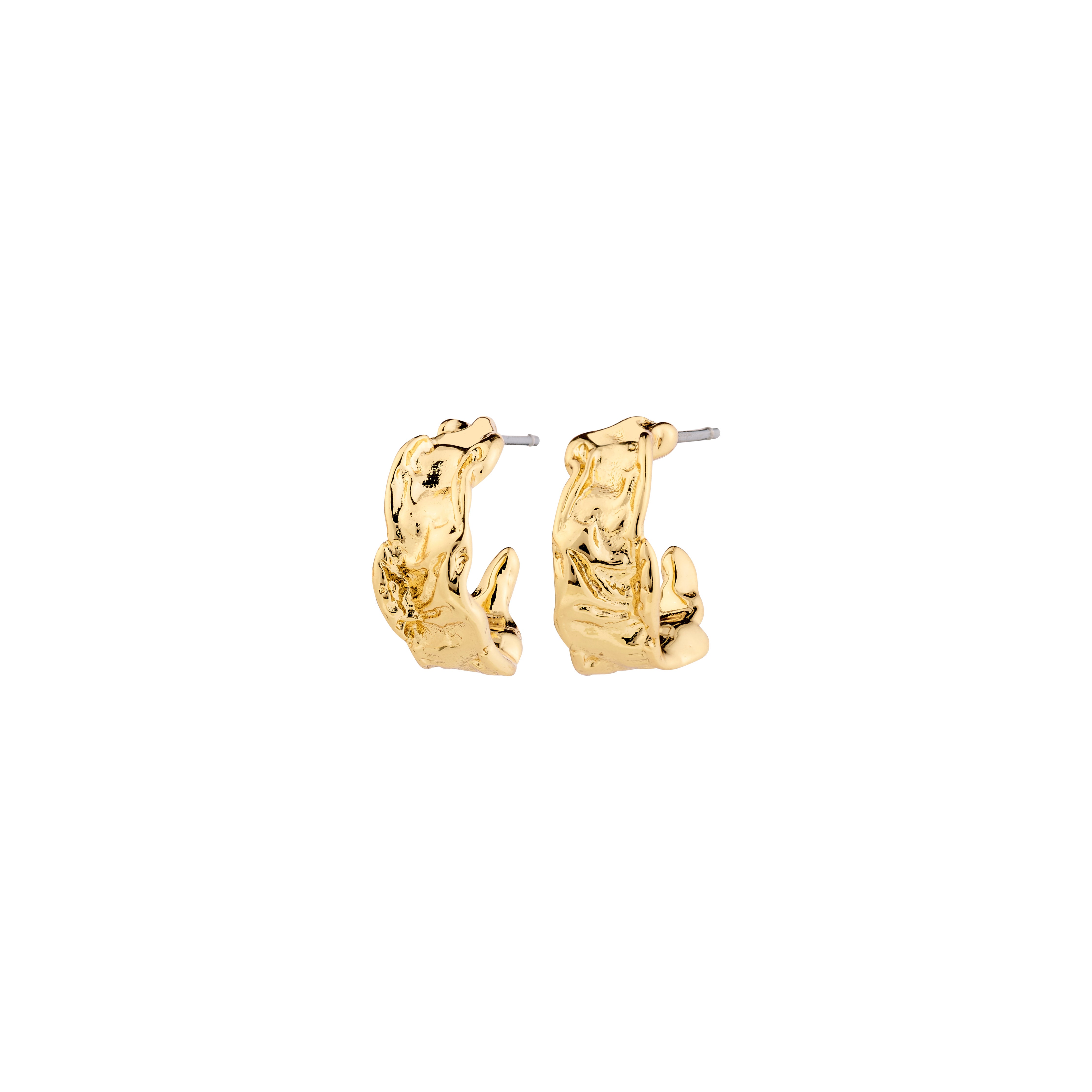 ELARA gold-plated earrings by Pilgrim, showcasing semi-hoops with an organic shape and handcrafted feel, embodying a rustic yet classy style.
