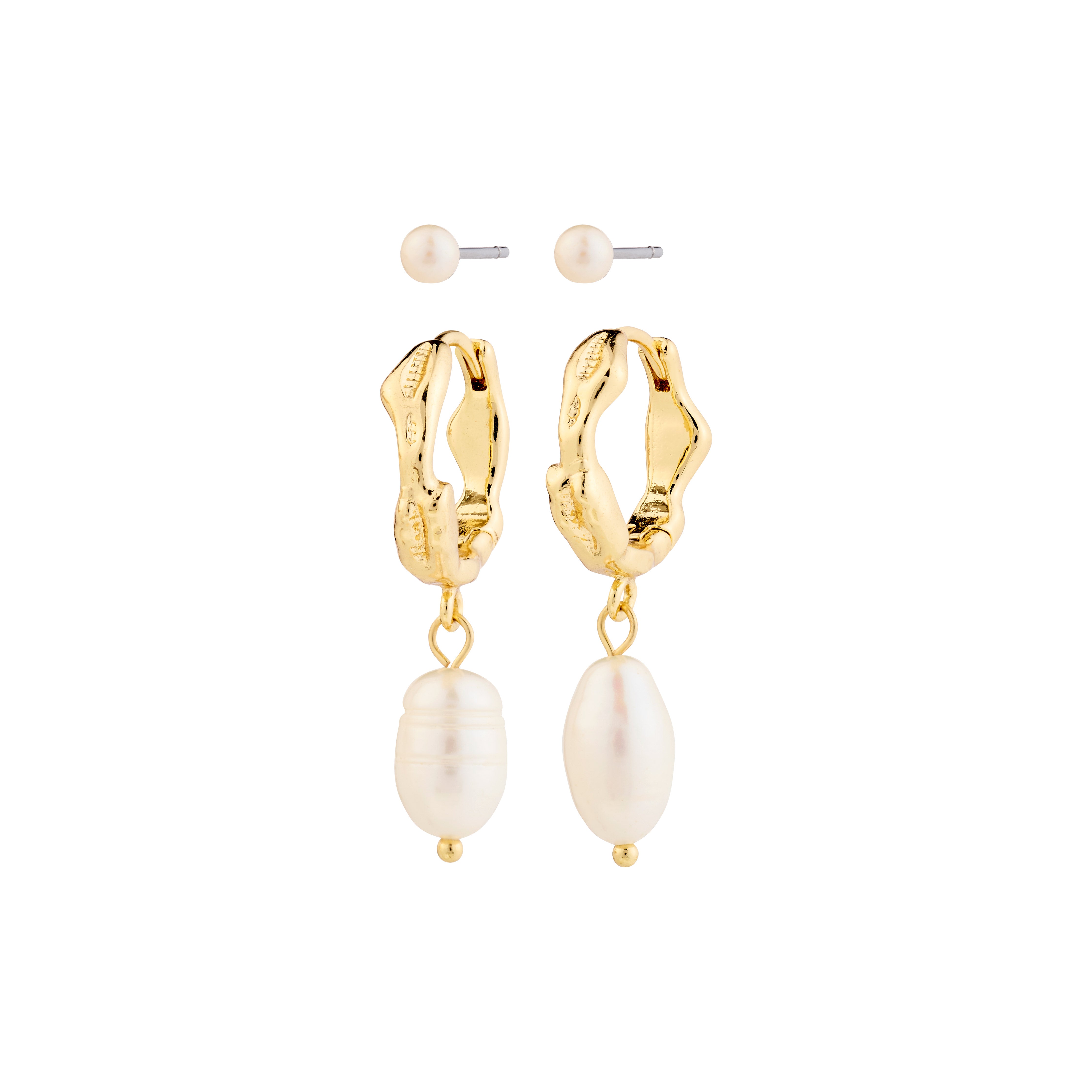 JONNE pearl earrings, 2-in-1 set, gold-plated; featuring organic-shaped hoops with freshwater pearl pendants and classic pearl studs.