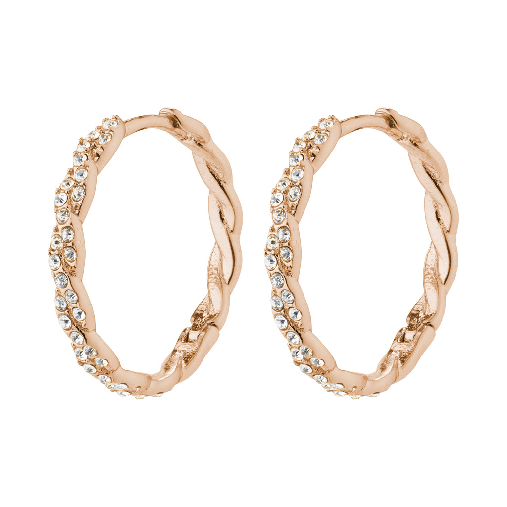 EZO twirled crystal hoops rosegold-plated with twisted design and Preciosa crystals, featuring a smart click clasp. Perfect for an elegant, confident look.