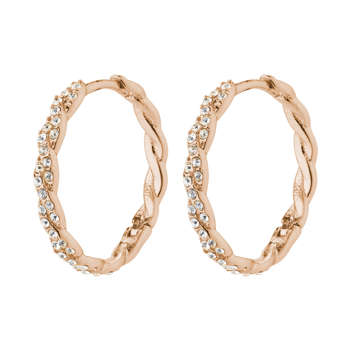 EZO twirled crystal hoops rosegold-plated with twisted design and Preciosa crystals, featuring a smart click clasp. Perfect for an elegant, confident look.