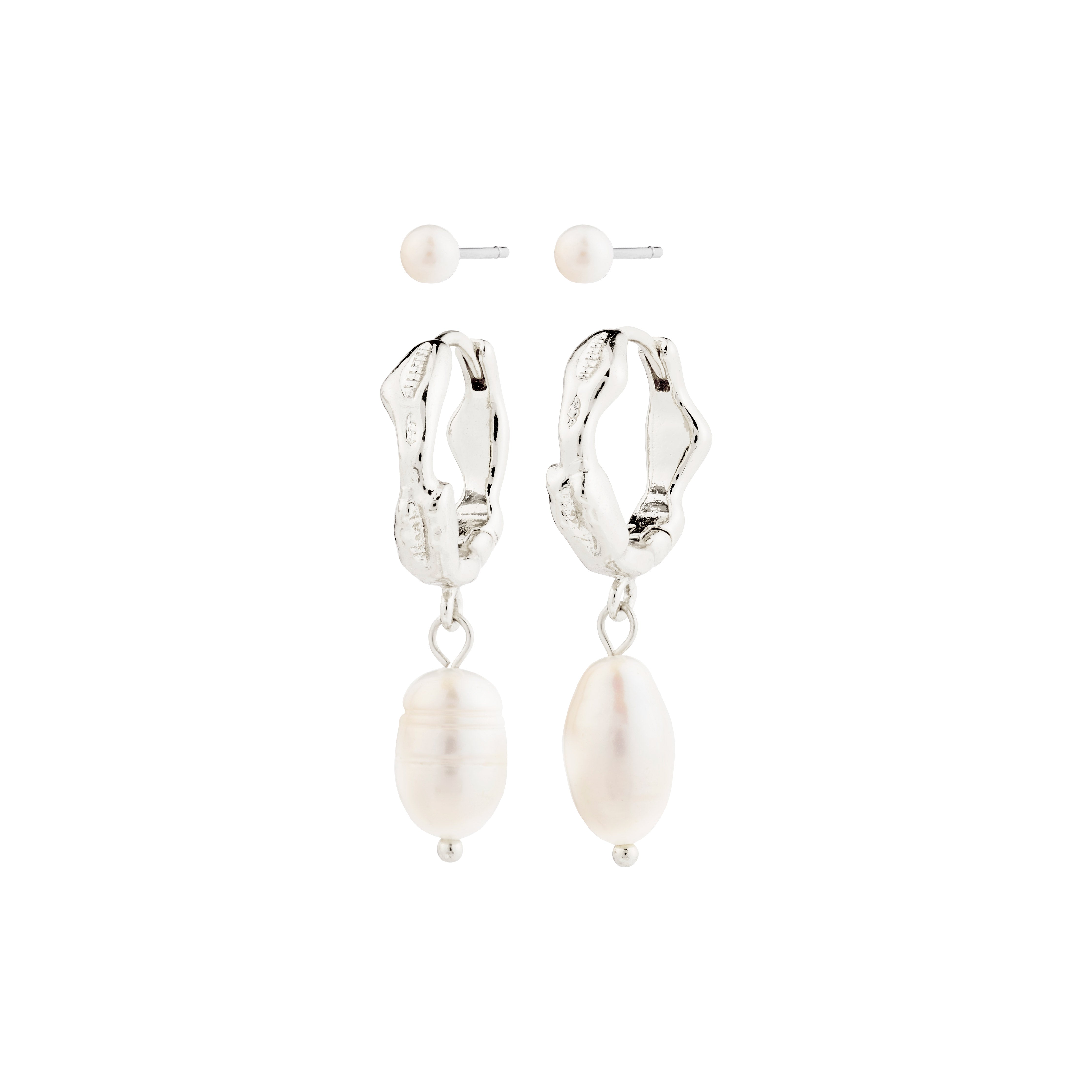 JONNE pearl earrings, 2-in-1 set, silver-plated, featuring organic-shaped hoops with freshwater pearls and classic pearl studs. Perfect for elevating a basic look.