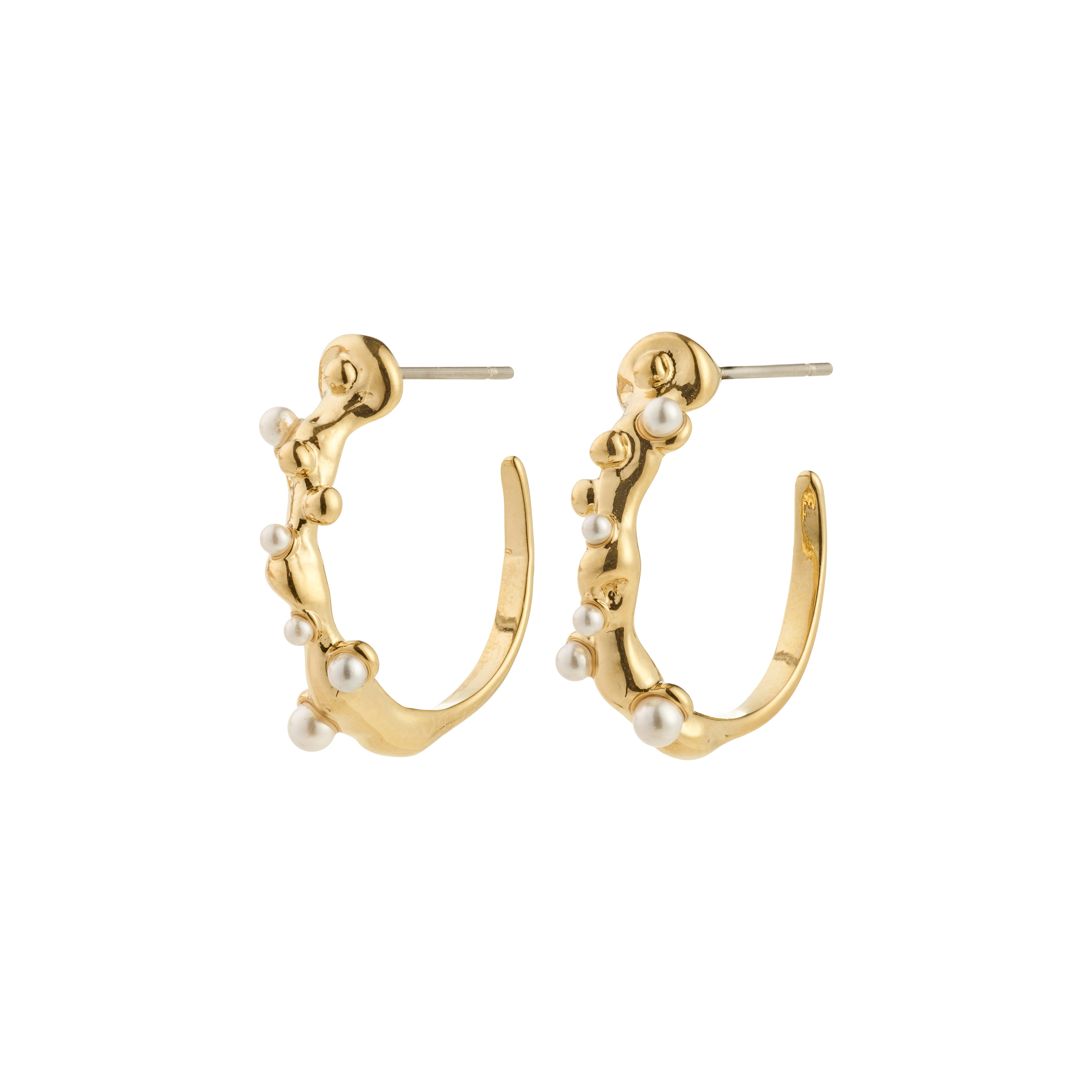 HADLEY earrings gold-plated, featuring organic bubbles and pearlescent beads, embody morning dewdrops, crafted from 95% recycled material for a mindful, trendy touch.