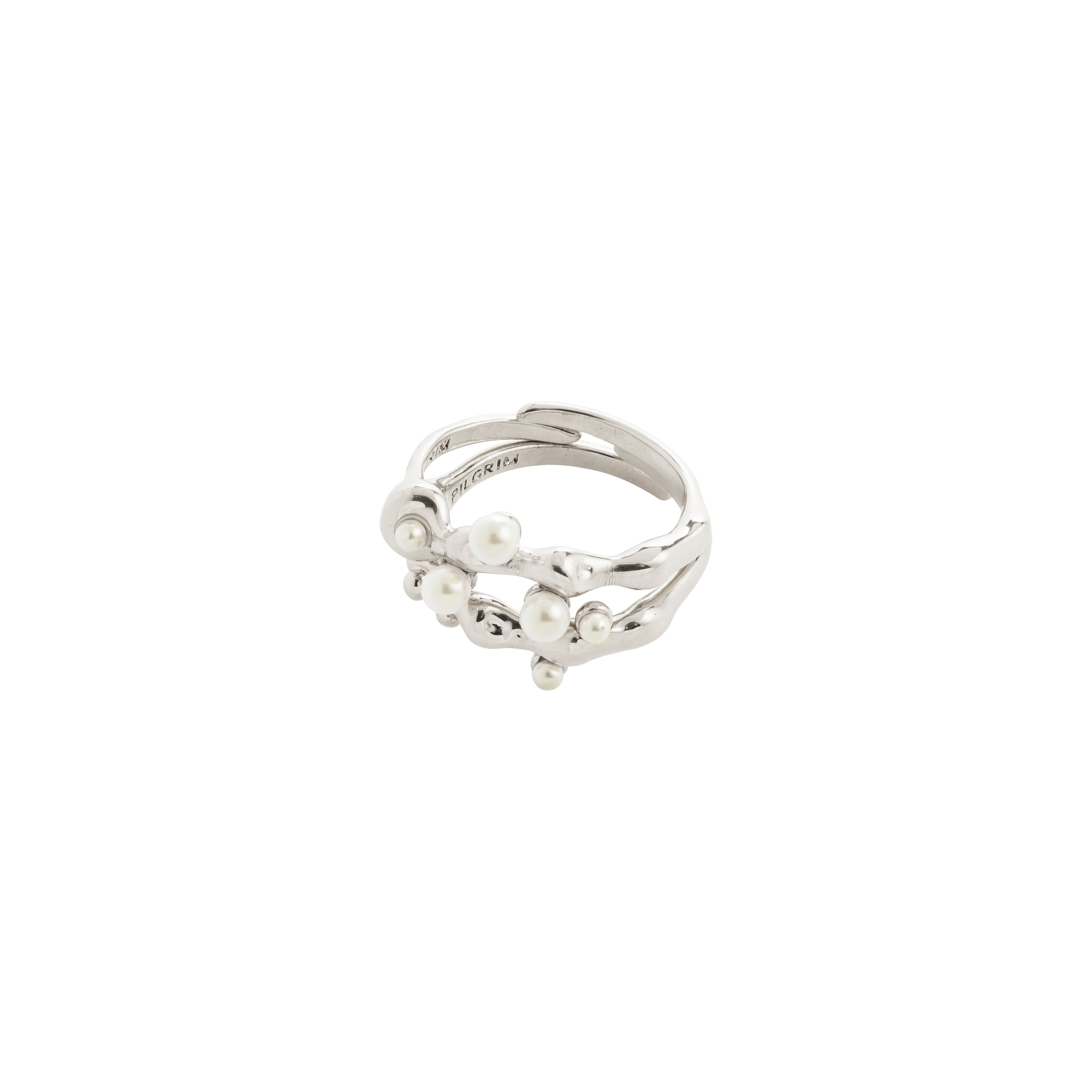 The silver-plated HADLEY rings, 2-in-1 set, feature bubbles and pearl-like beads, inspired by morning dewdrops, offering an adjustable, sophisticated accent.