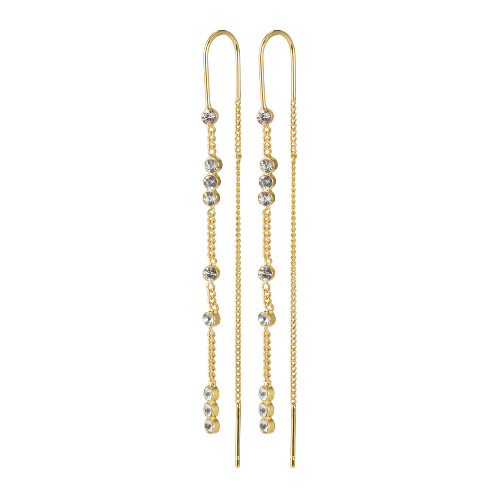 KAMARI crystal chain earrings, gold-plated, featuring elegant diamond accents, perfect for elevating special moments with a touch of Scandinavian style and sophistication.
