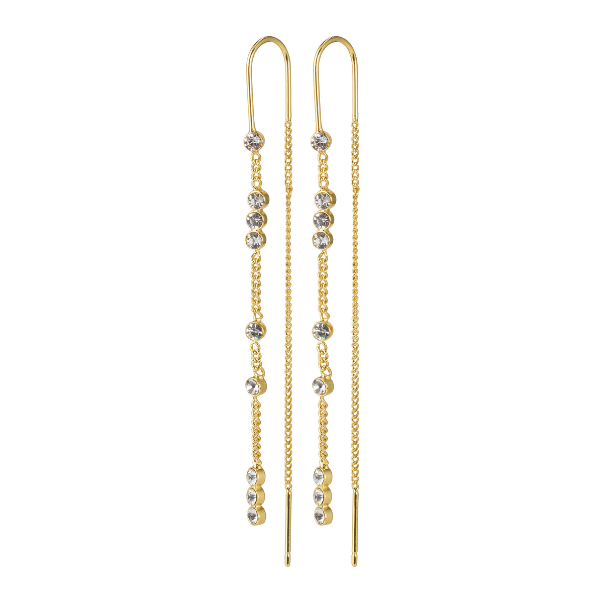 KAMARI crystal chain earrings, gold-plated, featuring elegant diamond accents, perfect for elevating special moments with a touch of Scandinavian style and sophistication.