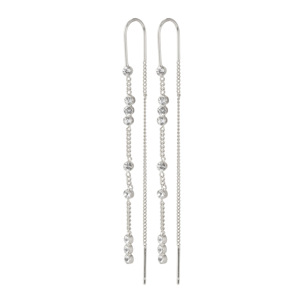 KAMARI crystal chain earrings, silver-plated, feature long silver chains adorned with shimmering diamonds, perfect for adding elegance to any special occasion.