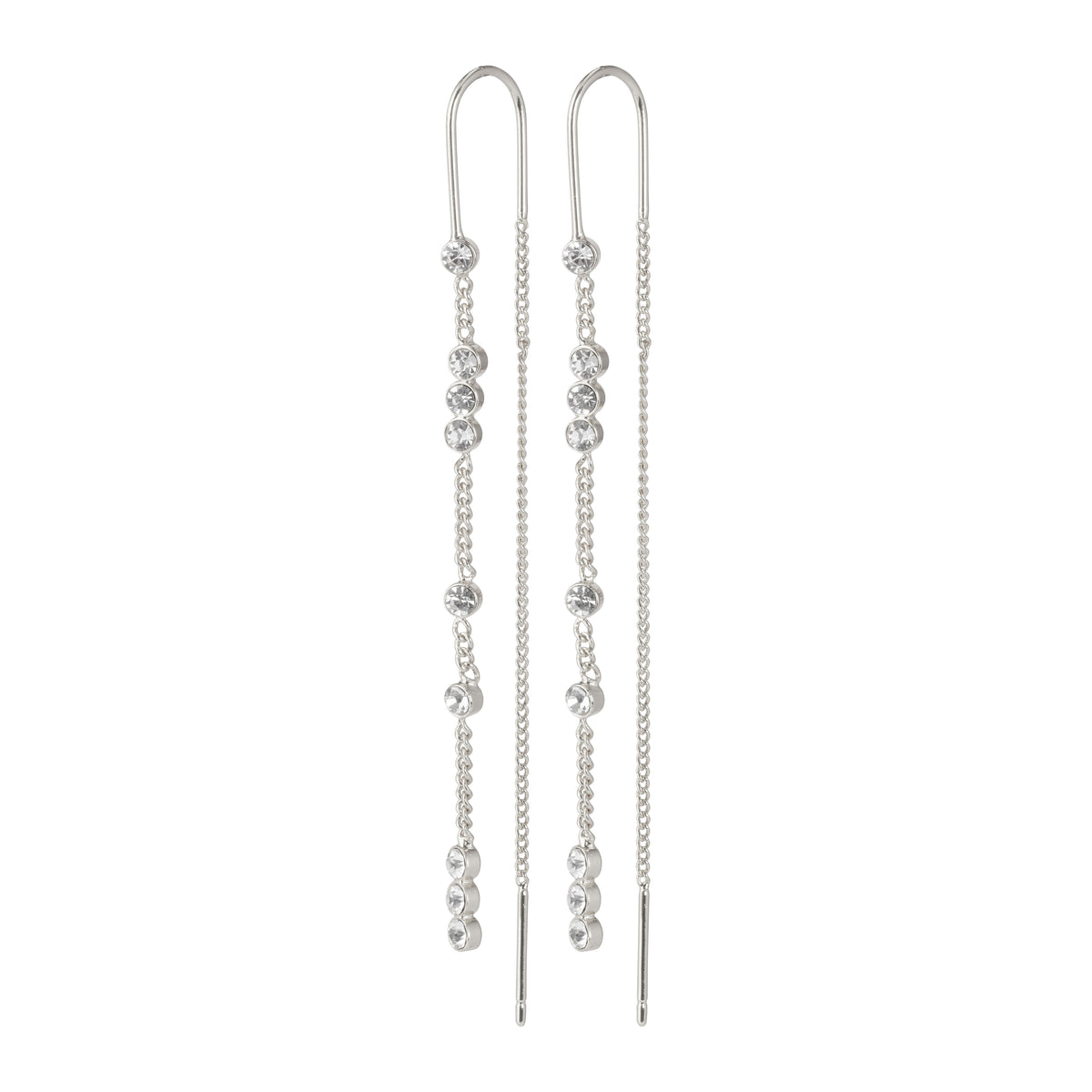 KAMARI crystal chain earrings, silver-plated, feature long silver chains adorned with shimmering diamonds, perfect for adding elegance to any special occasion.