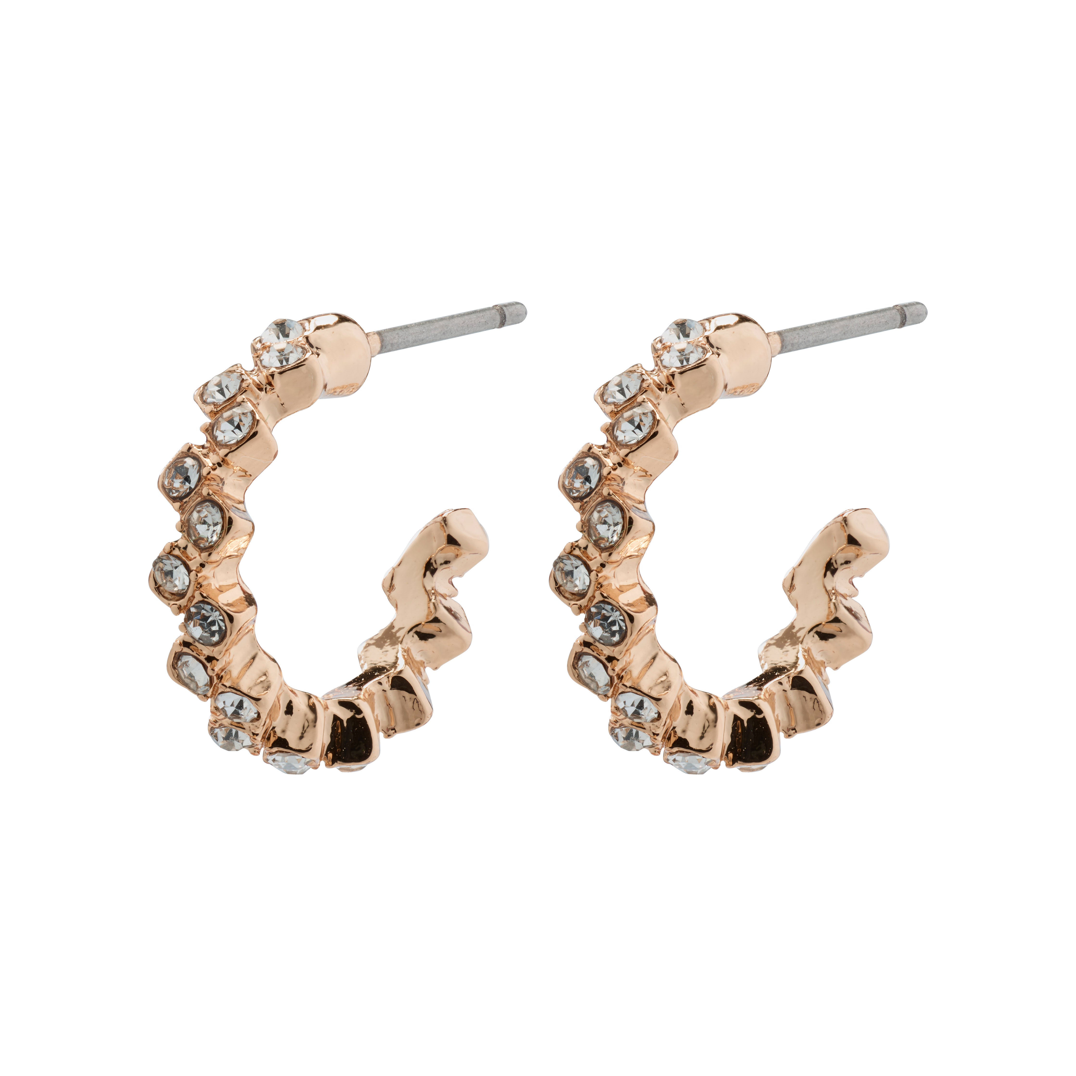 ESTER crystal hoop earrings rosegold-plated, featuring Preciosa crystals and small squares, exuding elegance with a modern, edgy design. Suitable for trendy, stylish outfits.