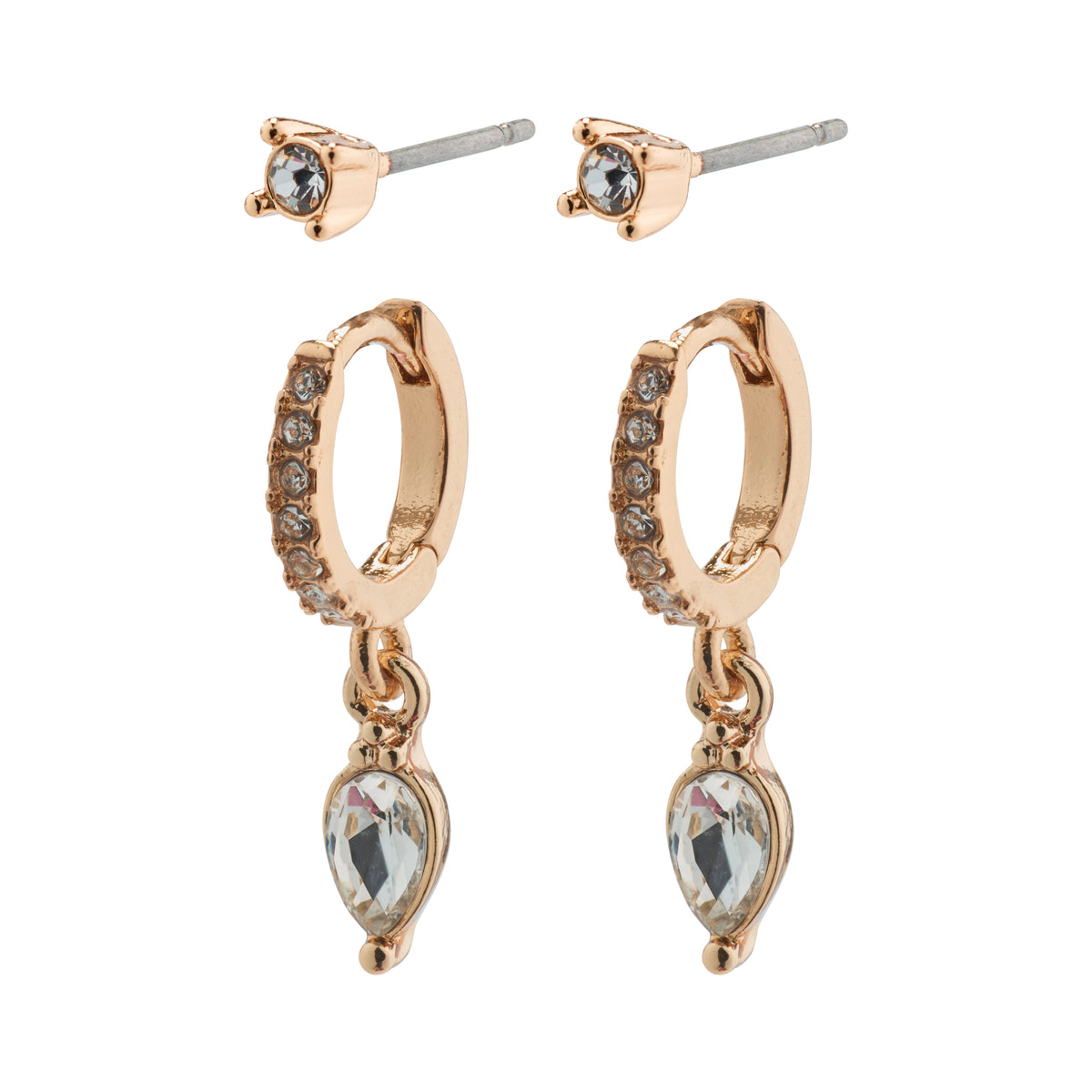 ELZA crystal earrings 2-in-1 set, featuring rose gold-plated studs and huggie hoops adorned with Preciosa crystals and teardrop pendants, from Pilgrim's collection.