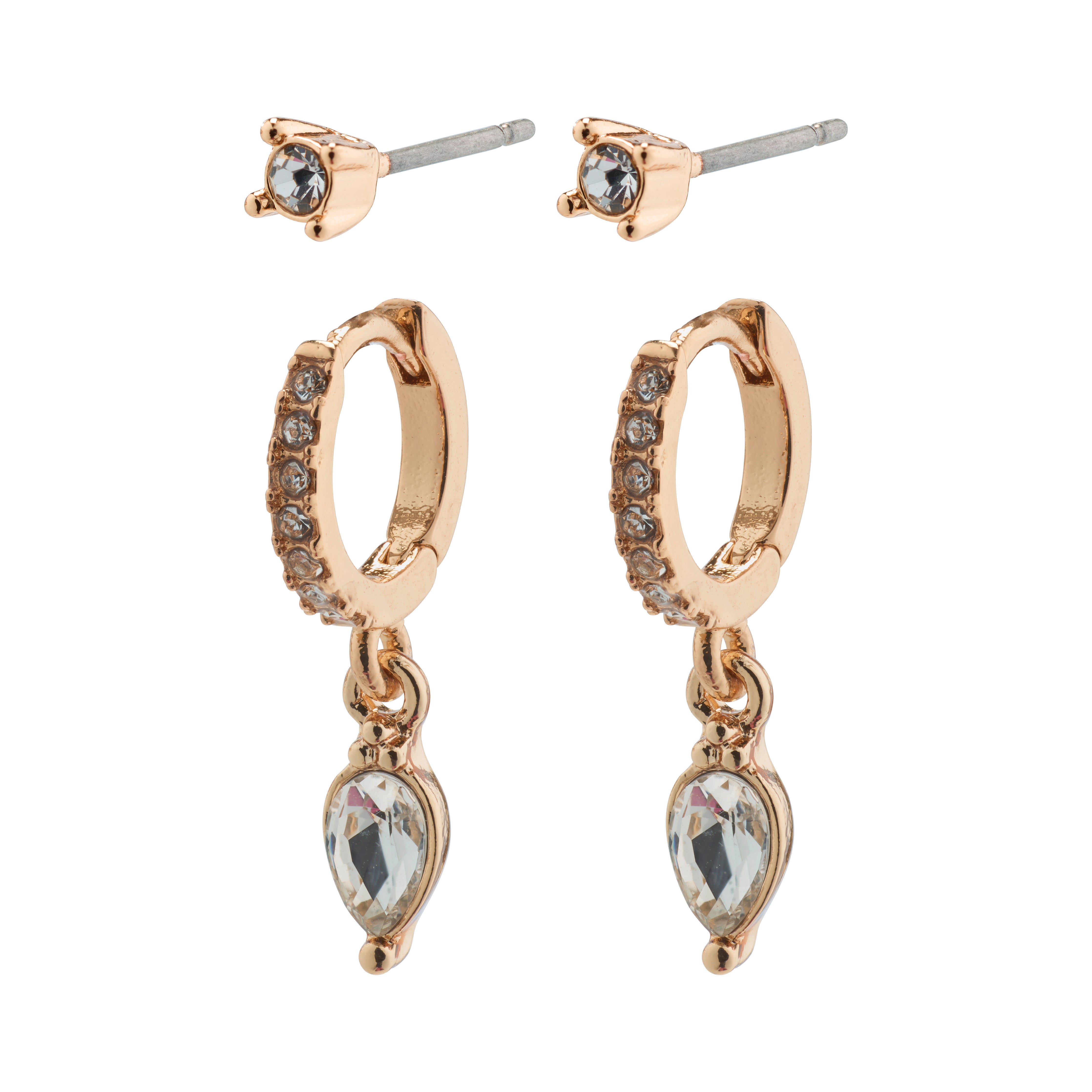 ELZA crystal earrings 2-in-1 set, featuring rose gold-plated studs and huggie hoops adorned with Preciosa crystals and teardrop pendants, from Pilgrim's collection.