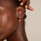 ELZA crystal earrings 2-in-1 set rosegold-plated, featuring close-up of teardrop pendant huggie hoops and crystal ear studs on a woman's ear.