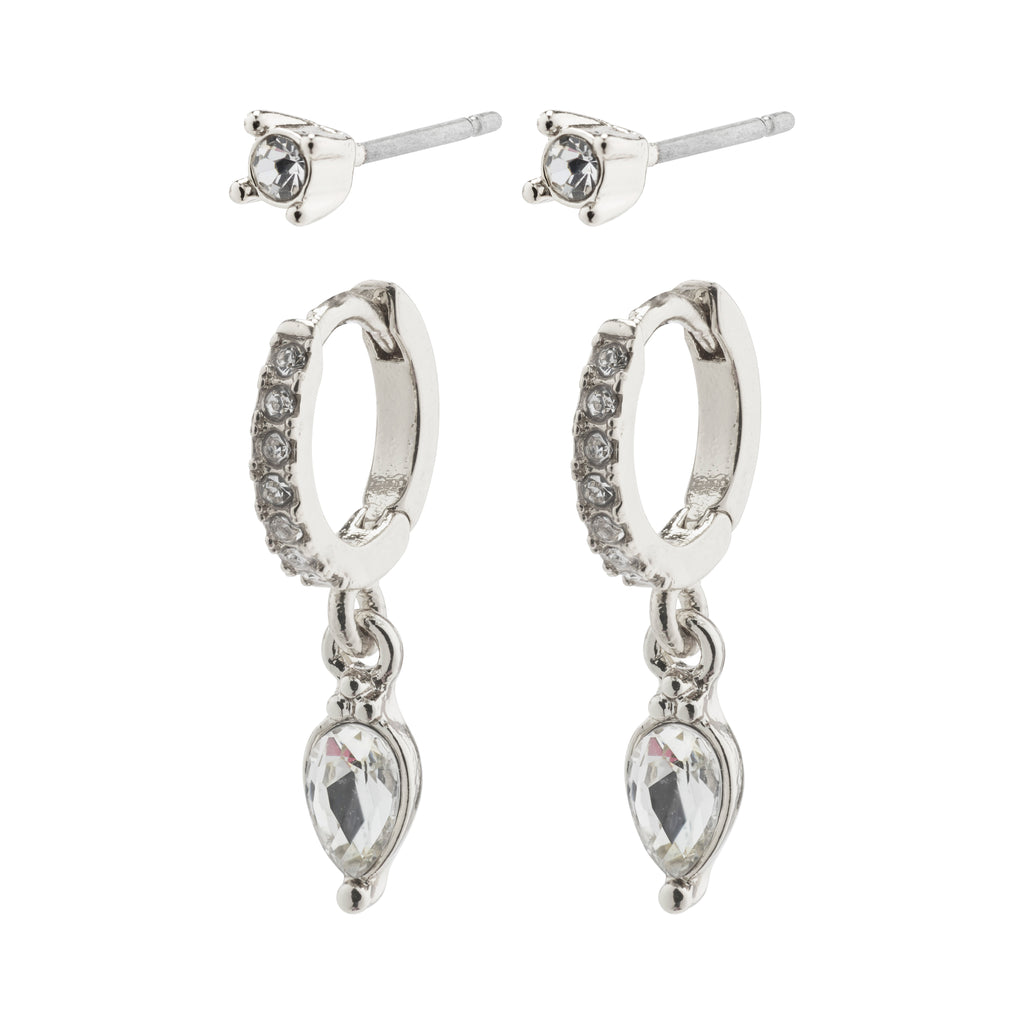 ELZA crystal earrings 2-in-1 set silver-plated featuring small ear studs and huggie hoops with Preciosa crystals and teardrop pendants, offering a chic, glamorous look.