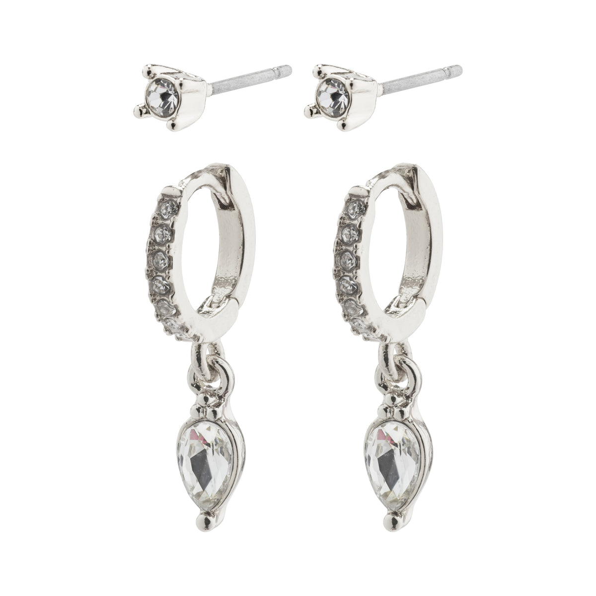 ELZA crystal earrings 2-in-1 set silver-plated featuring small ear studs and huggie hoops with Preciosa crystals and teardrop pendants, offering a chic, glamorous look.