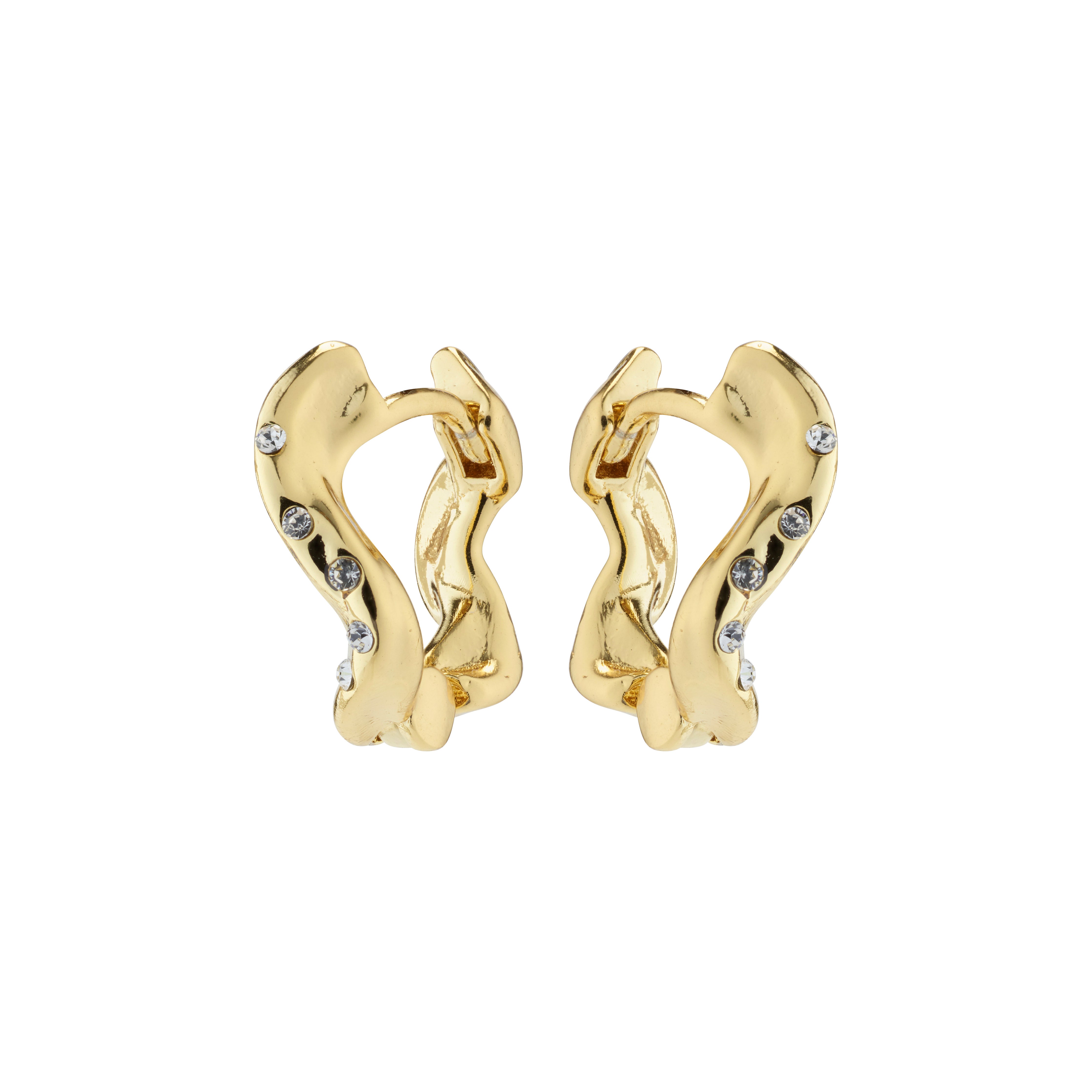EVRA organic shaped crystal hoops gold-plated with wavy design and Preciosa crystals, featuring an easy click lock, embody handcrafted elegance and modern style.