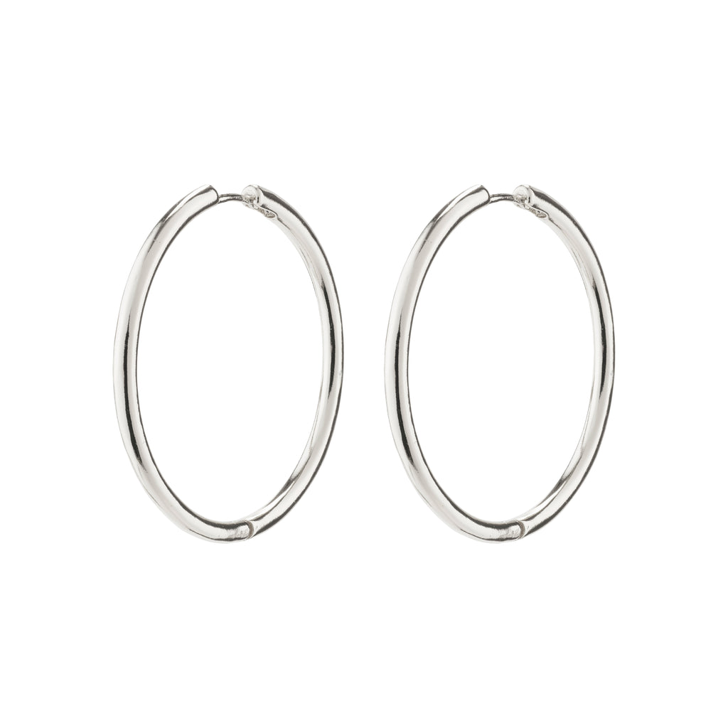 EANNA maxi hoops silver-plated, elegant silver hoop earrings, perfect for versatile styling, crafted from 99% recycled material, a timeless addition to any jewellery collection.