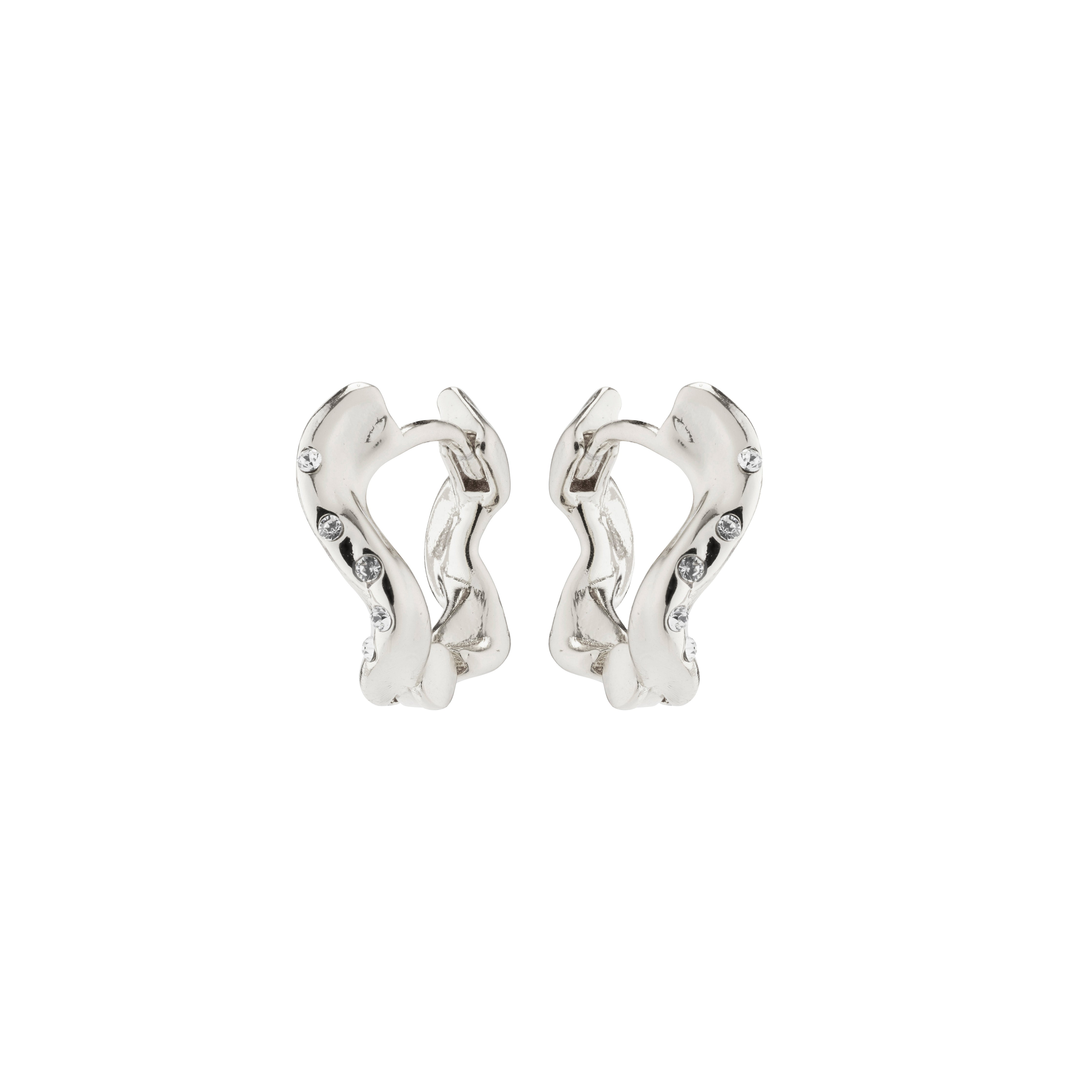 EVRA organic-shaped silver-plated crystal hoops, featuring handcrafted design with sparkling Preciosa crystals, evoking natural beauty and elegance for memorable adventures.