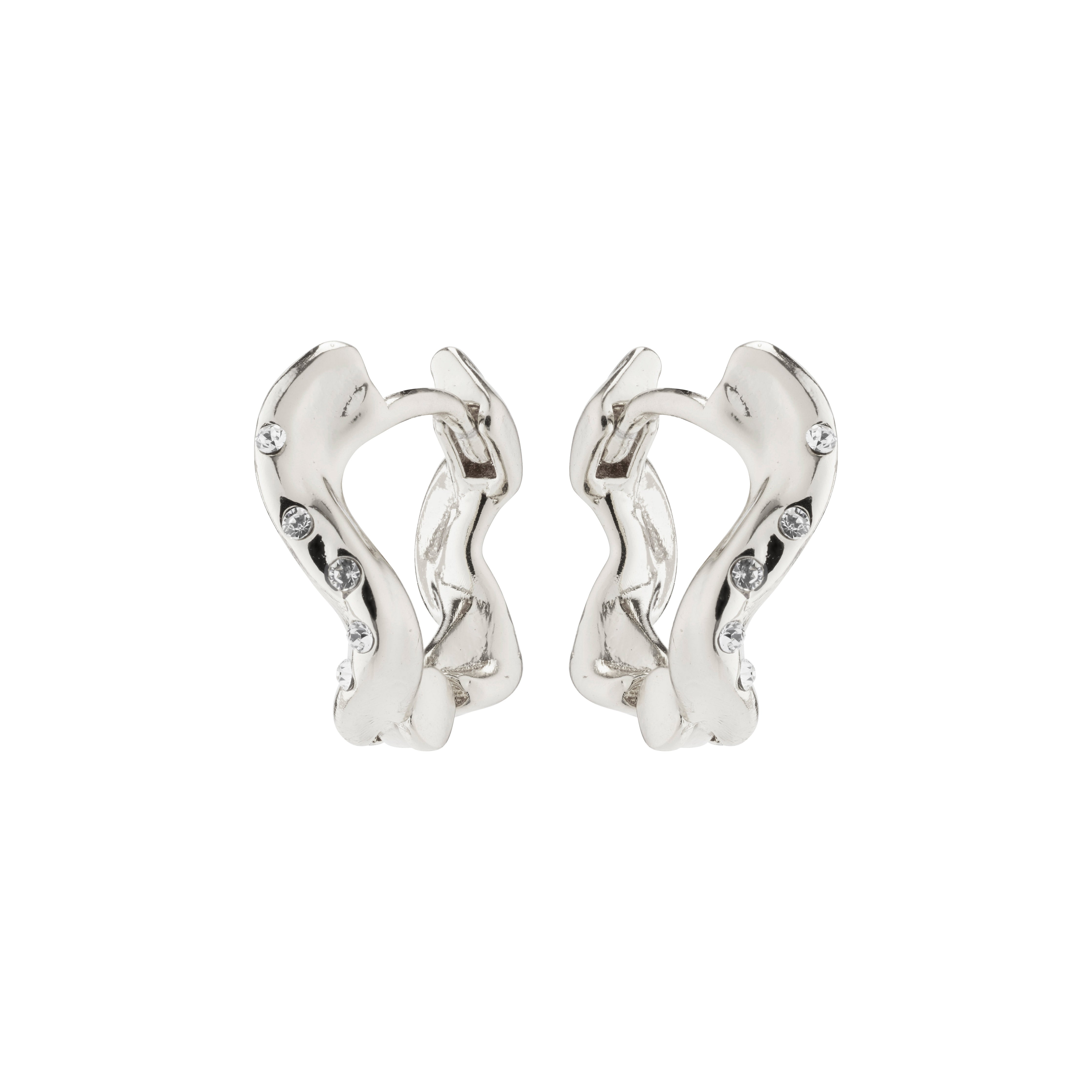 Silver-plated EVRA organic shaped crystal hoops featuring small Preciosa crystals, handcrafted with an adventurous and organic design, perfect for stylish explorations.