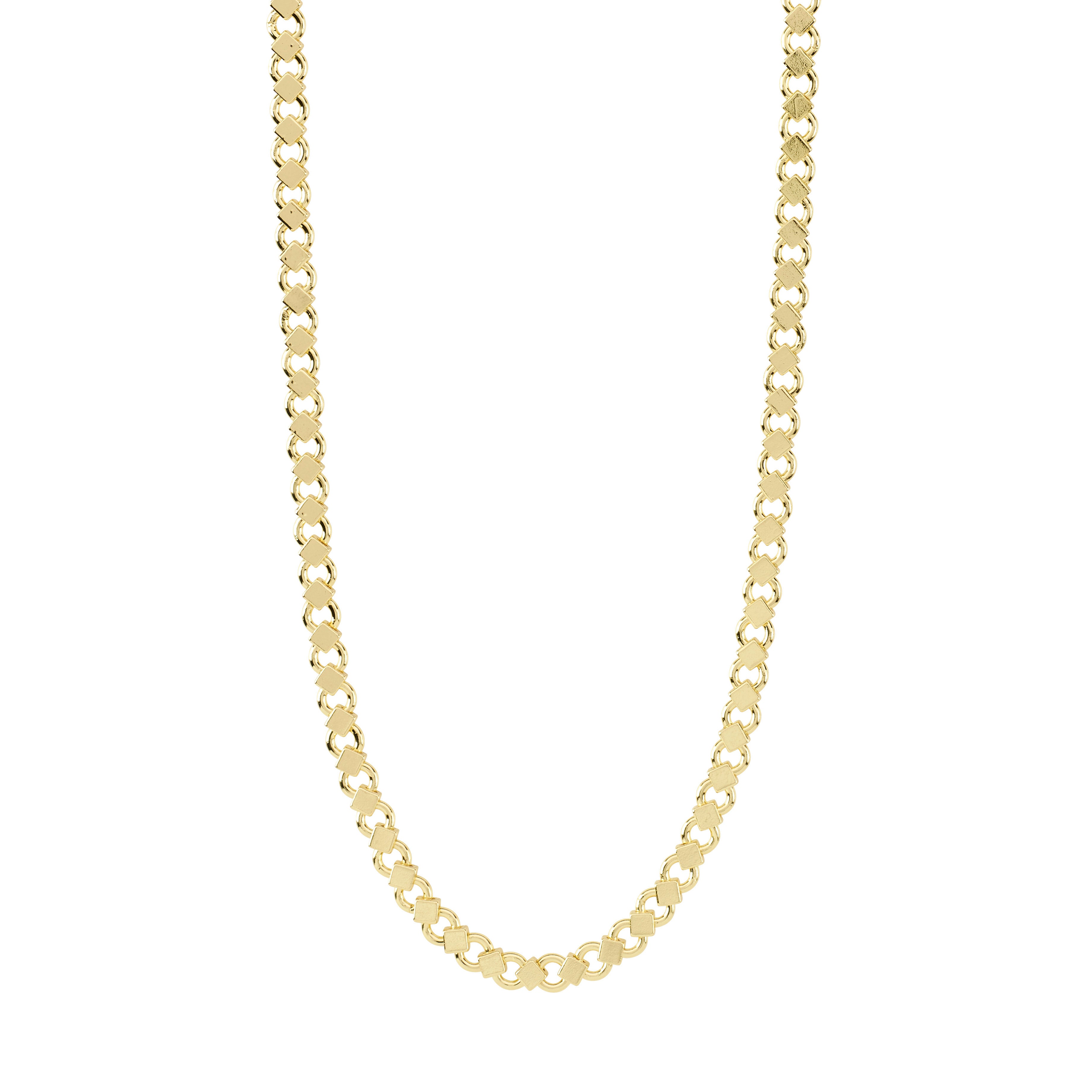 DESIREE gold-plated necklace features unique cube and round links, 45 cm with a 15 cm extension, offering a stylish, confident look. Made from 99% recycled materials.