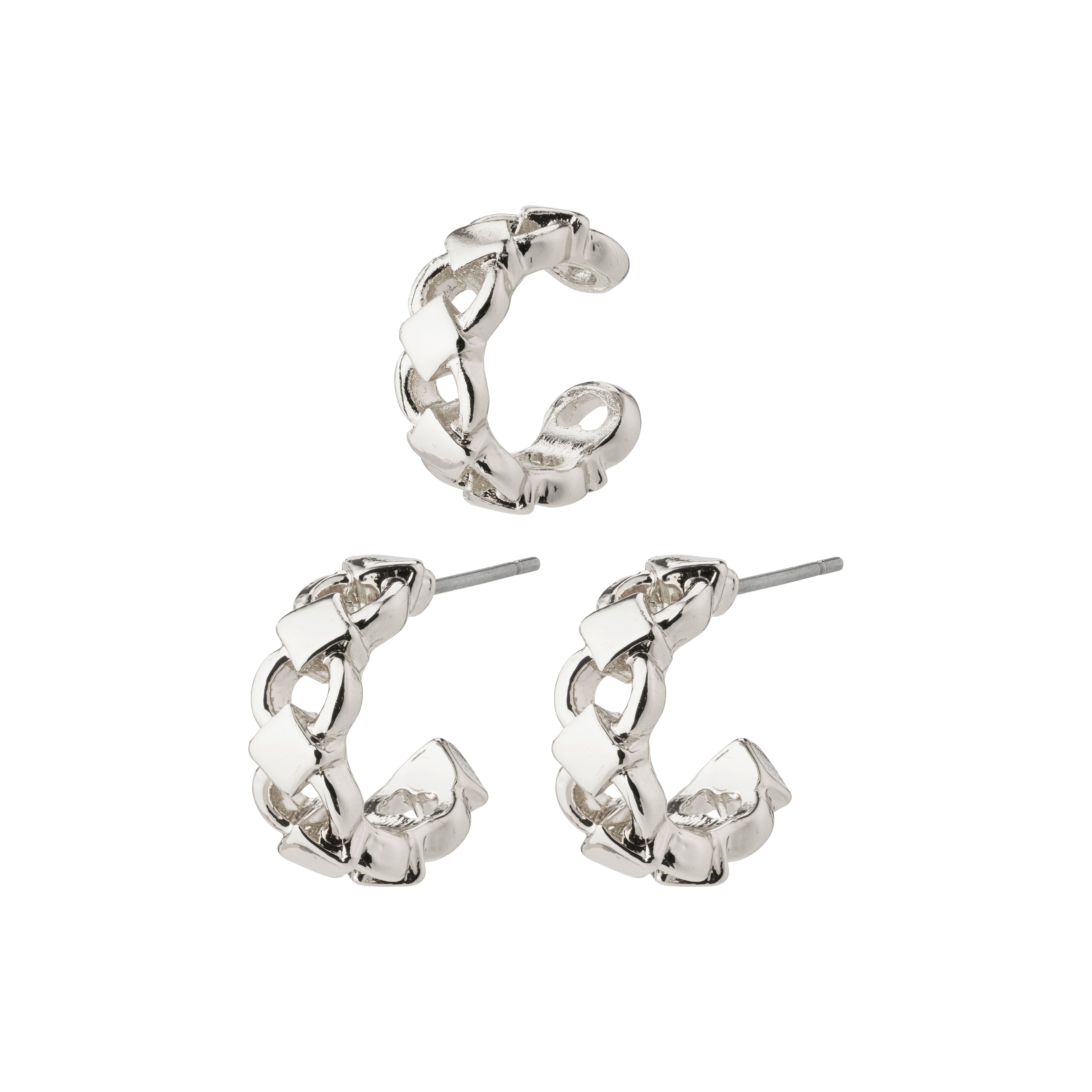 DESIREE silver-plated huggie hoops and ear cuffs with a chain design, featuring cubes and round links, crafted from 97% recycled material by Pilgrim.