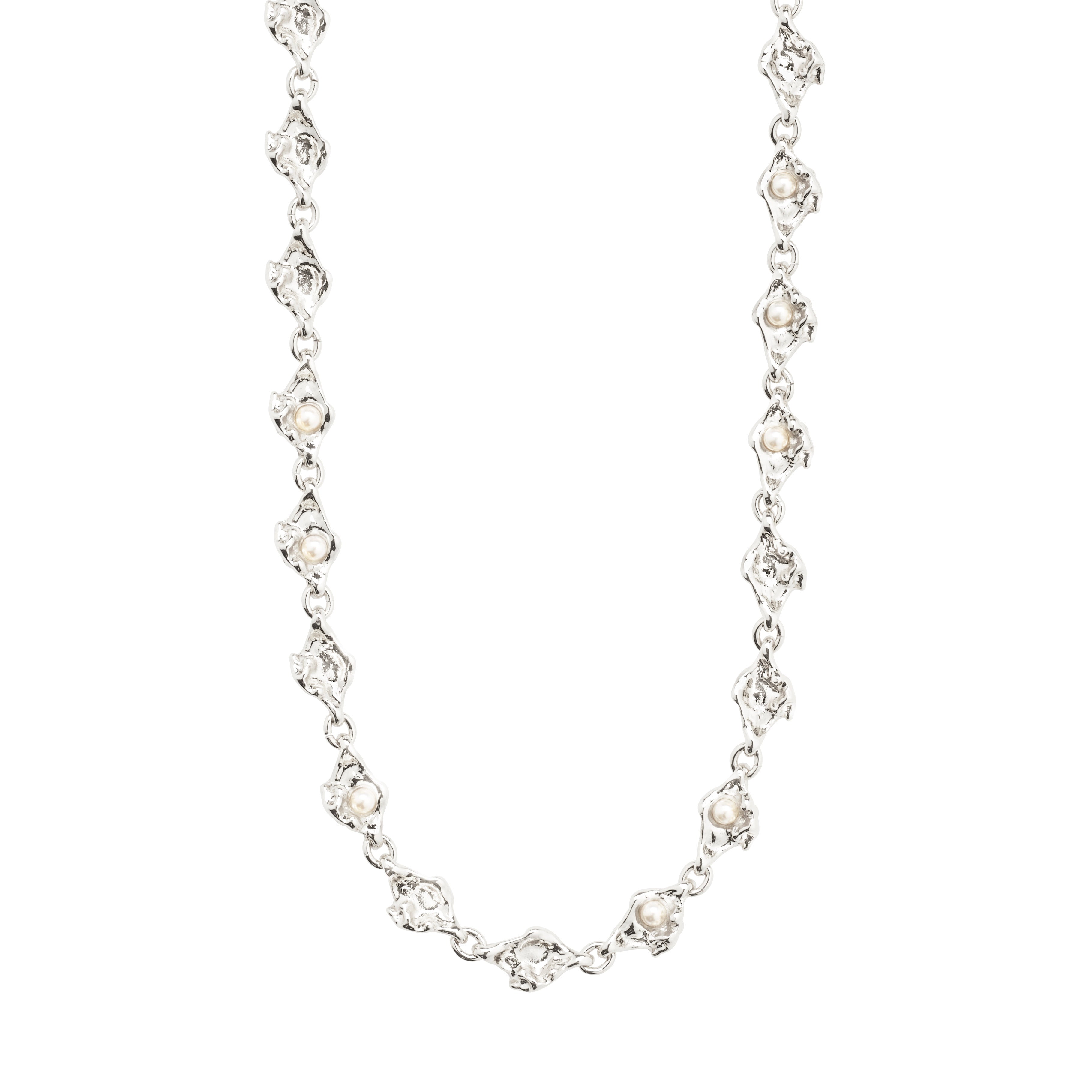 INAYA necklace silver-plated, featuring silver organic links and white glass beads, inspired by ocean wonders, crafted for versatility and style.