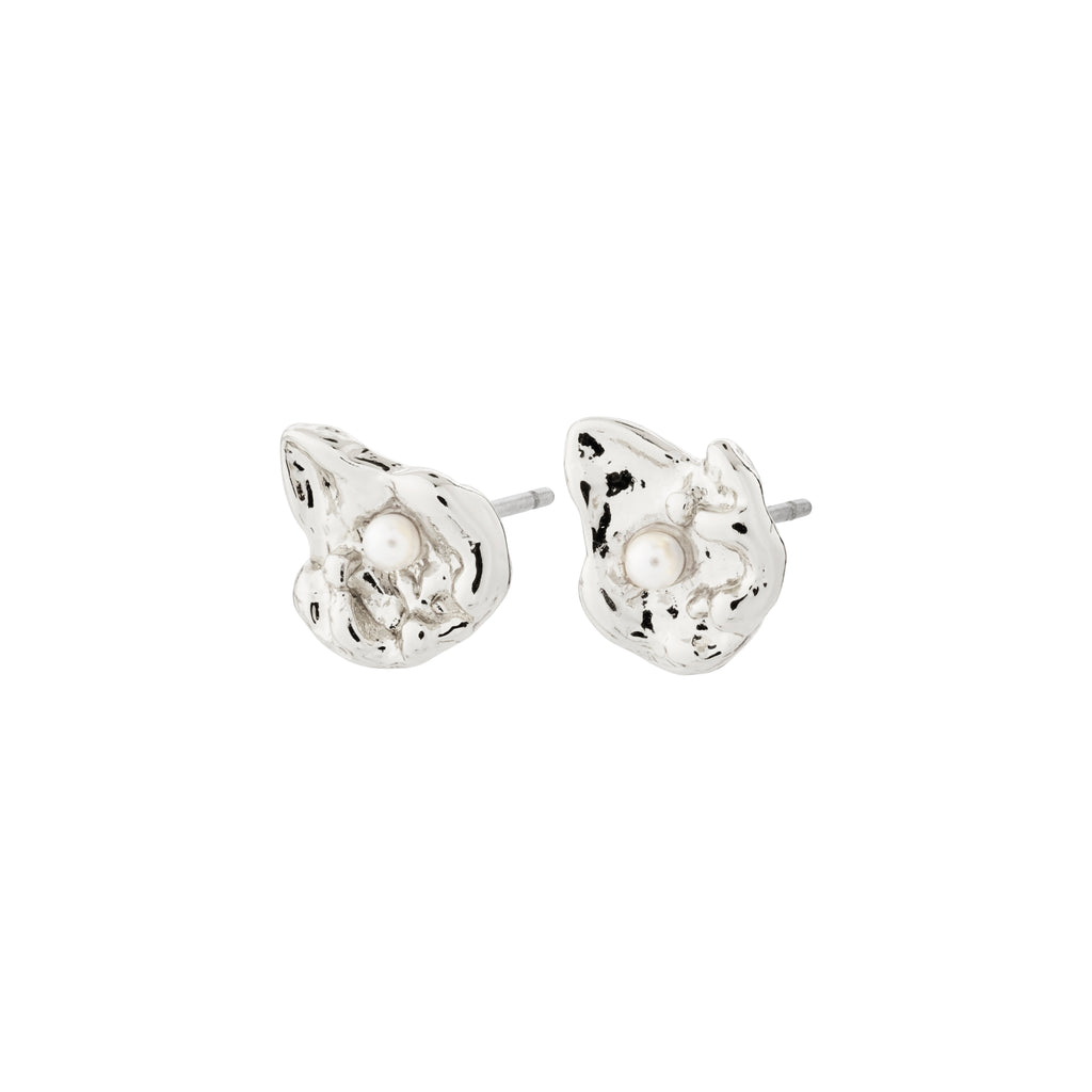 INAYA earrings, silver-plated studs with abstract seashell design and central white glass bead, crafted from recycled materials by Pilgrim.