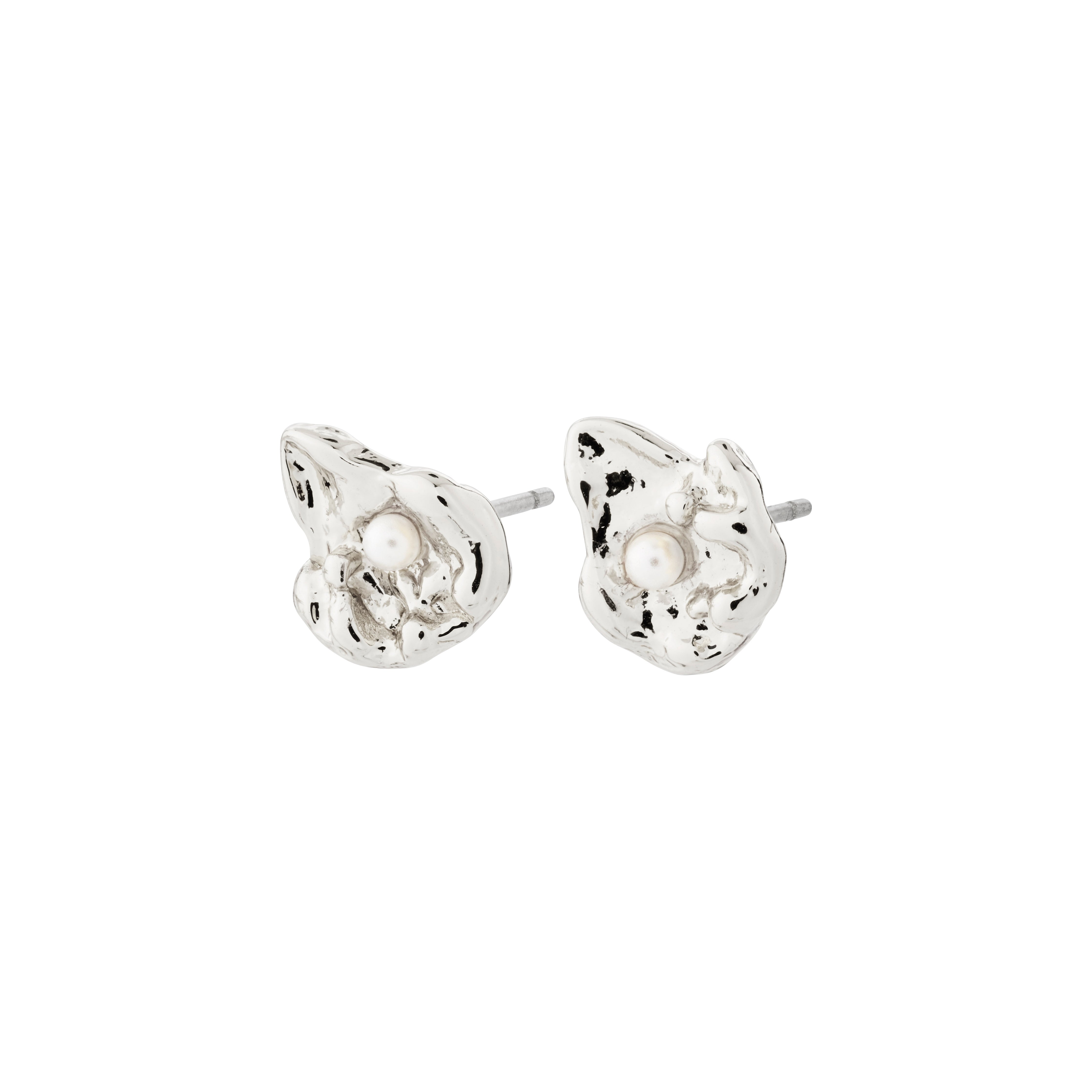 INAYA earrings, silver-plated studs with abstract seashell design and central white glass bead, crafted from recycled materials by Pilgrim.
