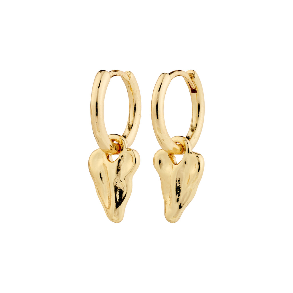 JULES gold-plated earrings with a small heart pendant, featuring an organic design and easy click clasp, made from 99% recycled material.
