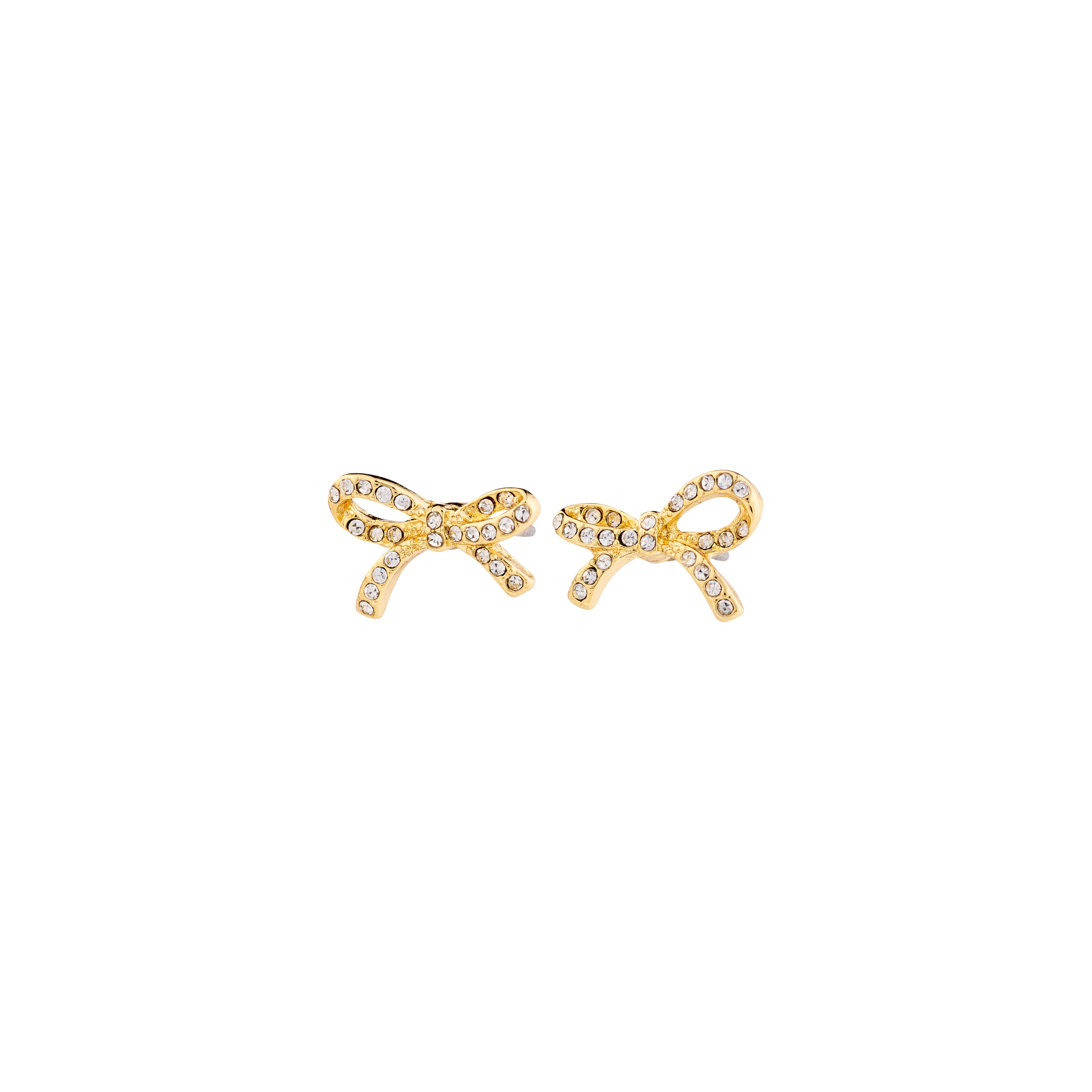 CATHARINA earrings gold-plated: Trendy bow studs adorned with Preciosa crystals, perfect for adding subtle sparkle to everyday outfits. Made from 79% recycled materials.