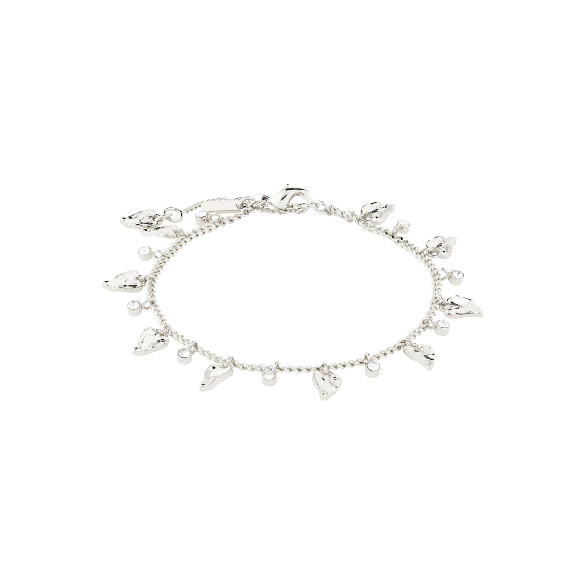 JULES bracelet, silver-plated, with Preciosa crystals and heart pendants on a delicate curb chain, offering a summery bohemian vibe.