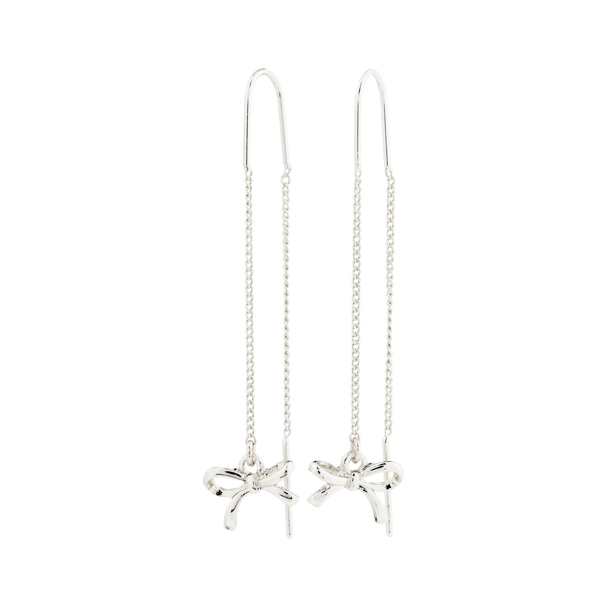 LYSANDRA chain earrings, silver-plated, featuring small silver bow pendants. Perfect for adding a romantic or edgy touch to any outfit.