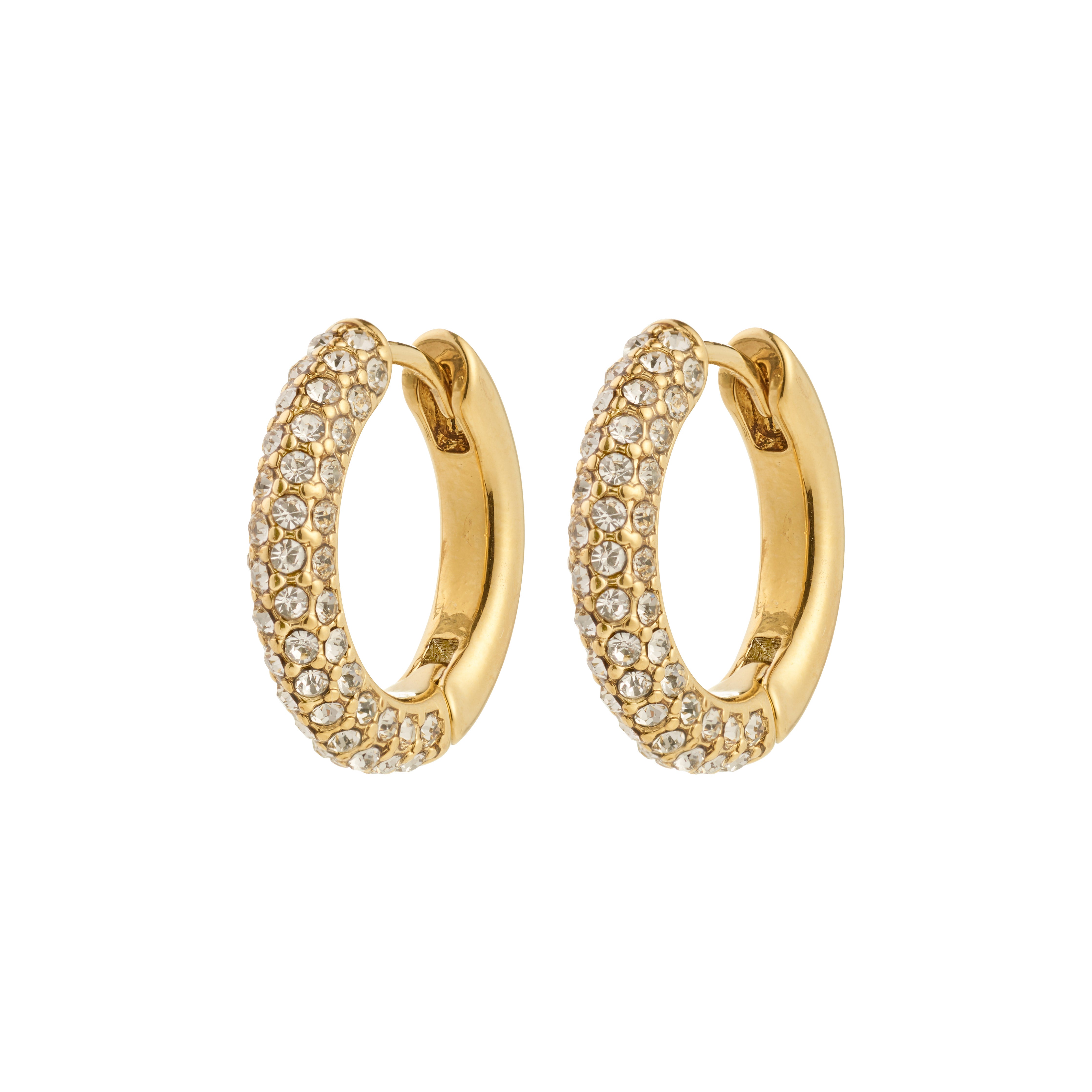 TATUM medium hoops gold-plated with sparkling Preciosa crystals, designed for versatile day-to-night wear. Features easy snap locks and eco-friendly materials.