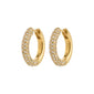 TATUM medium hoops gold-plated with sparkling Preciosa crystals, designed for versatile day-to-night wear. Features easy snap locks and eco-friendly materials.