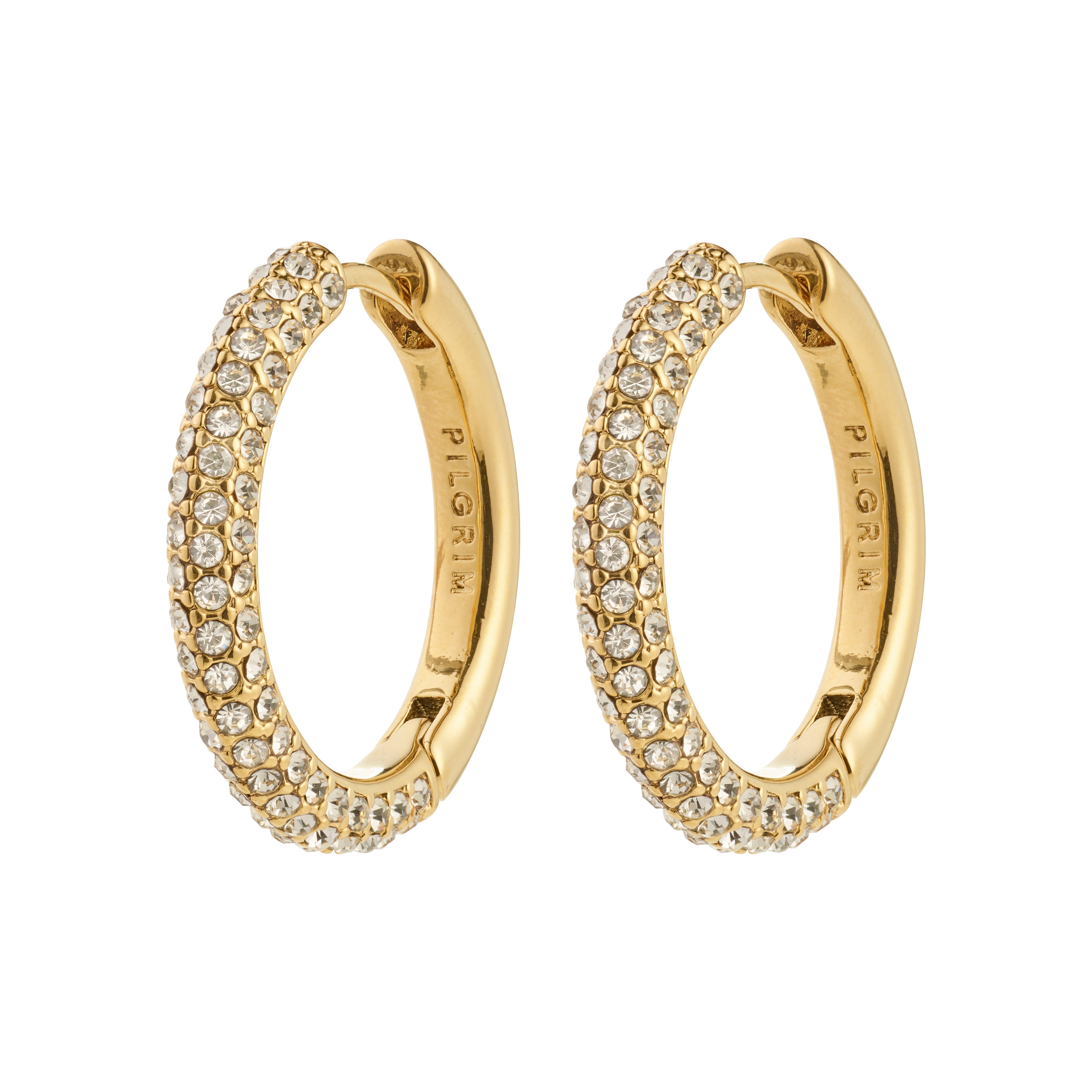 TATUM large hoops gold-plated, adorned with sparkling Preciosa crystals, offer a luxurious, versatile style with easy snap locks, made from 97% recycled material.