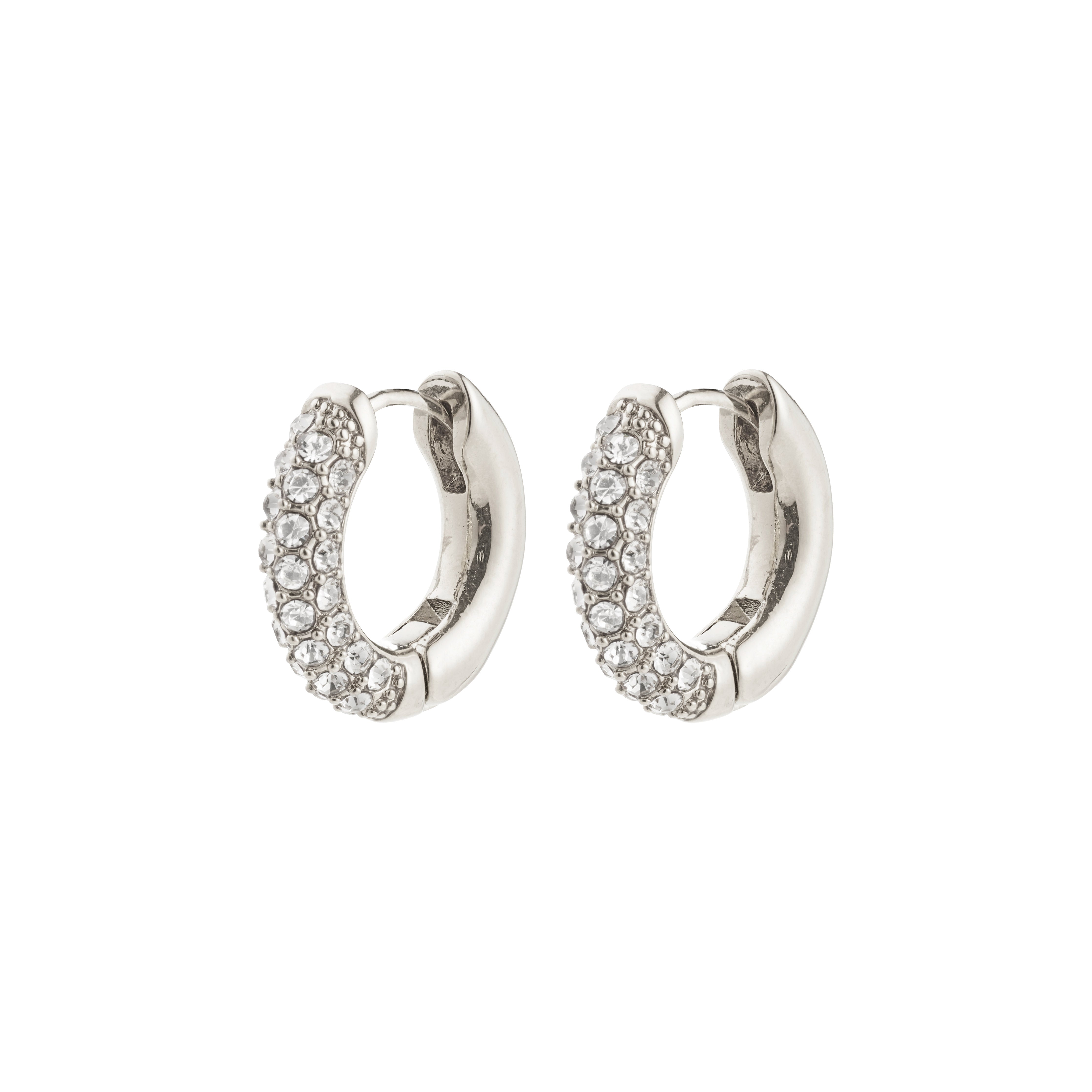 TATUM small hoops silver-plated with sparkling Preciosa crystals, featuring easy click clasps, crafted from 96% recycled material for an elegant, sustainable fashion choice.