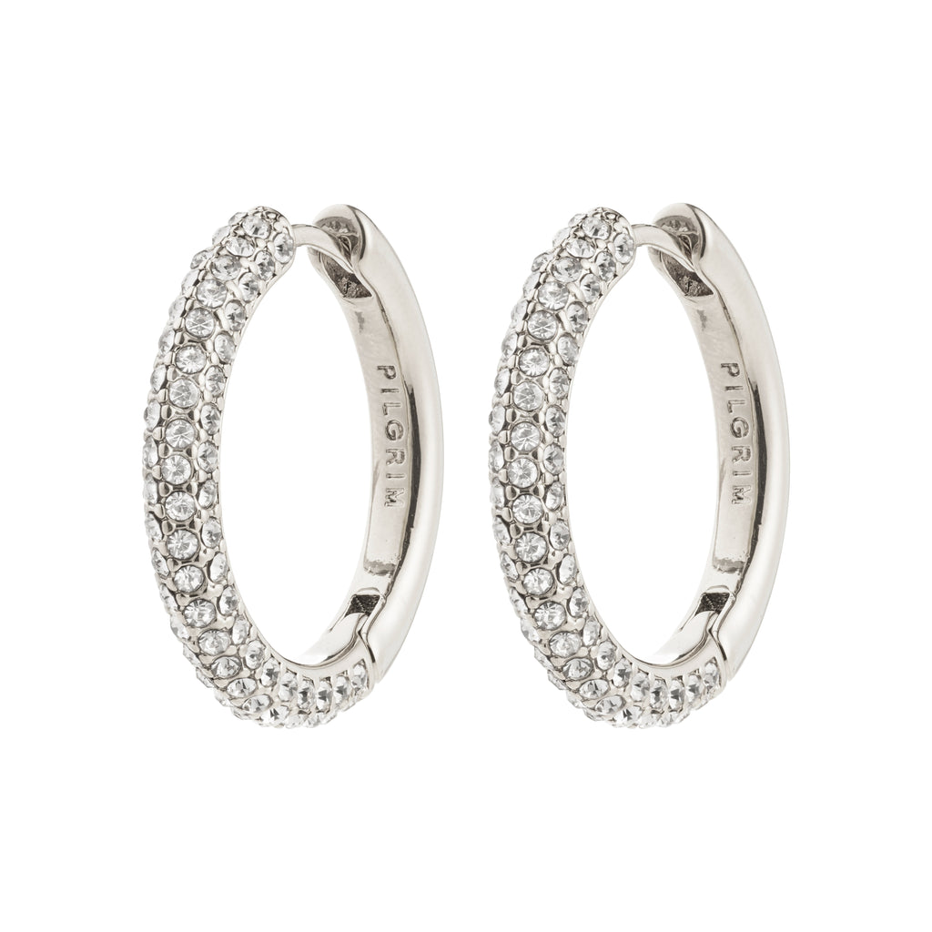 TATUM large hoops silver-plated, adorned with Preciosa crystals, offer understated luxury and versatility, ideal for day-to-night transitions. Crafted with 97% recycled materials.