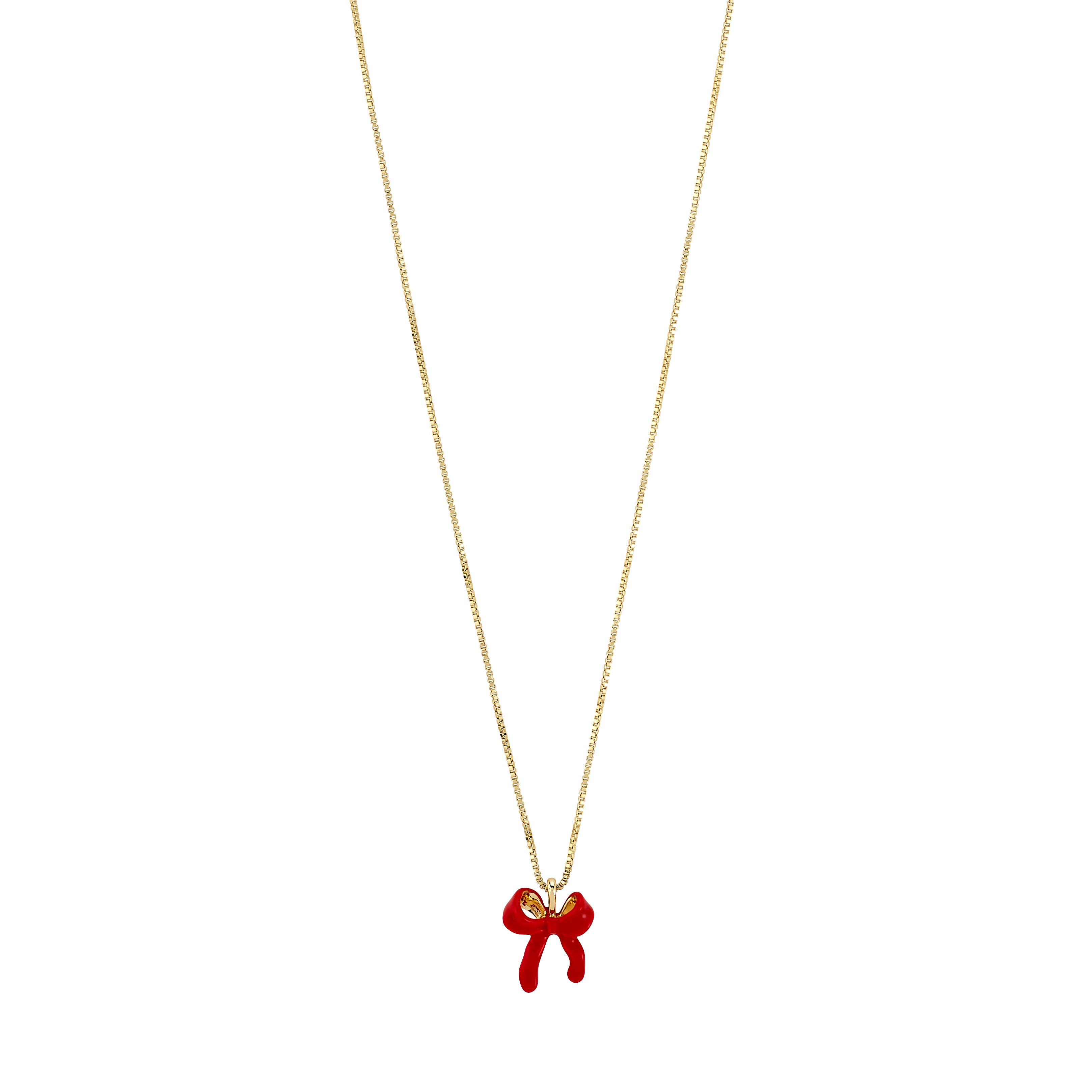 SIGRUN necklace gold-plated featuring a small red enamel bow pendant on an adjustable box chain, blending playful style with sustainable craftsmanship for a trendy look.