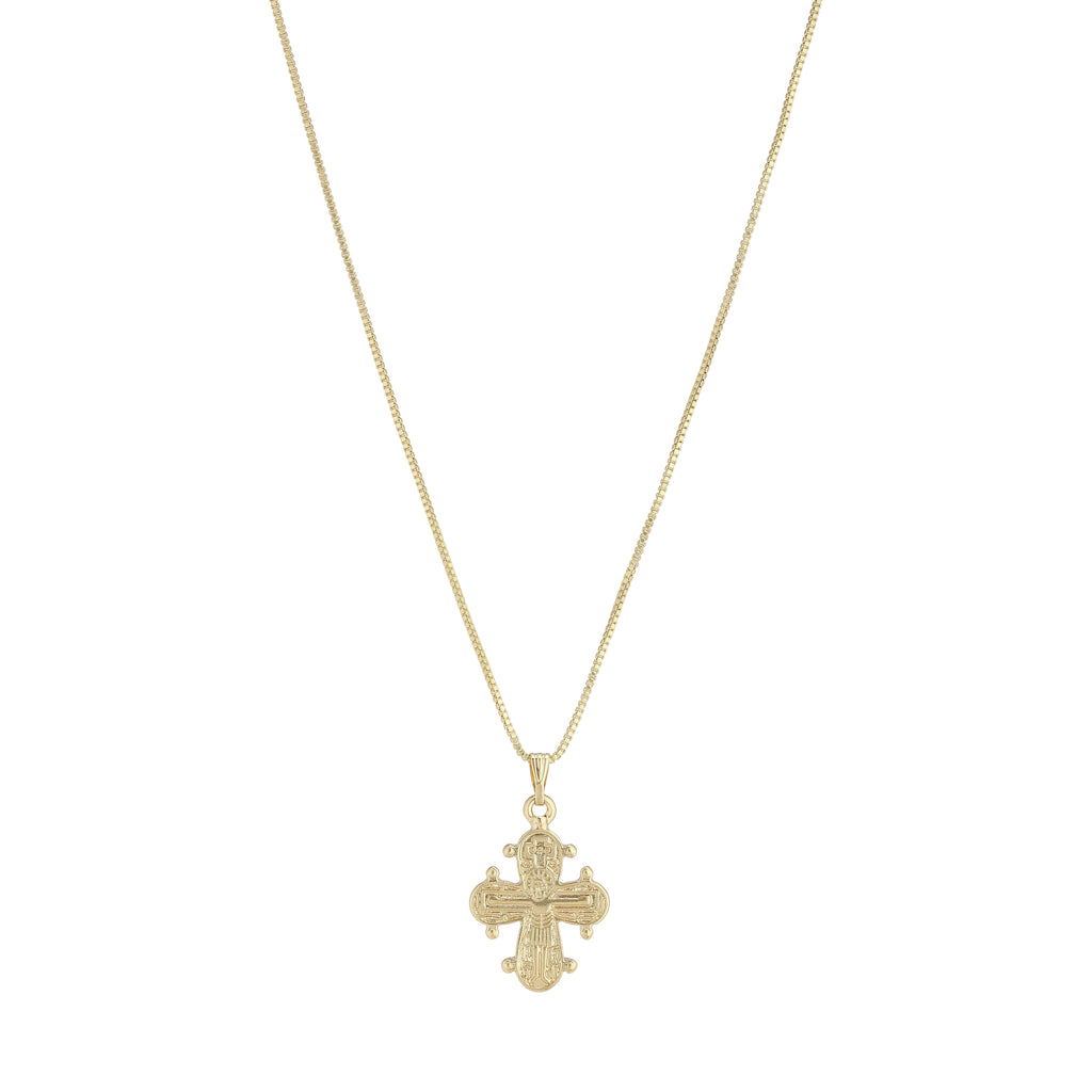 Gold-plated DAGMAR pendant necklace featuring a classic cross design, inspired by Denmark's national treasure, on a gold chain with extender. Ideal for layering.