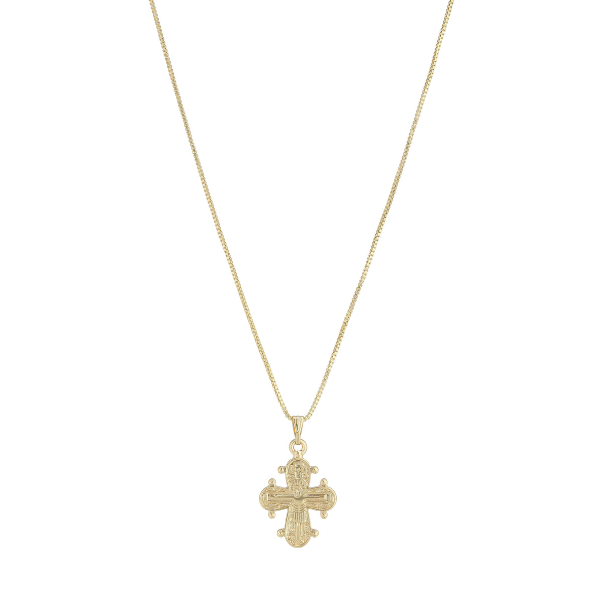 Gold-plated DAGMAR pendant necklace featuring a classic cross design, inspired by Denmark's national treasure, on a gold chain with extender. Ideal for layering.