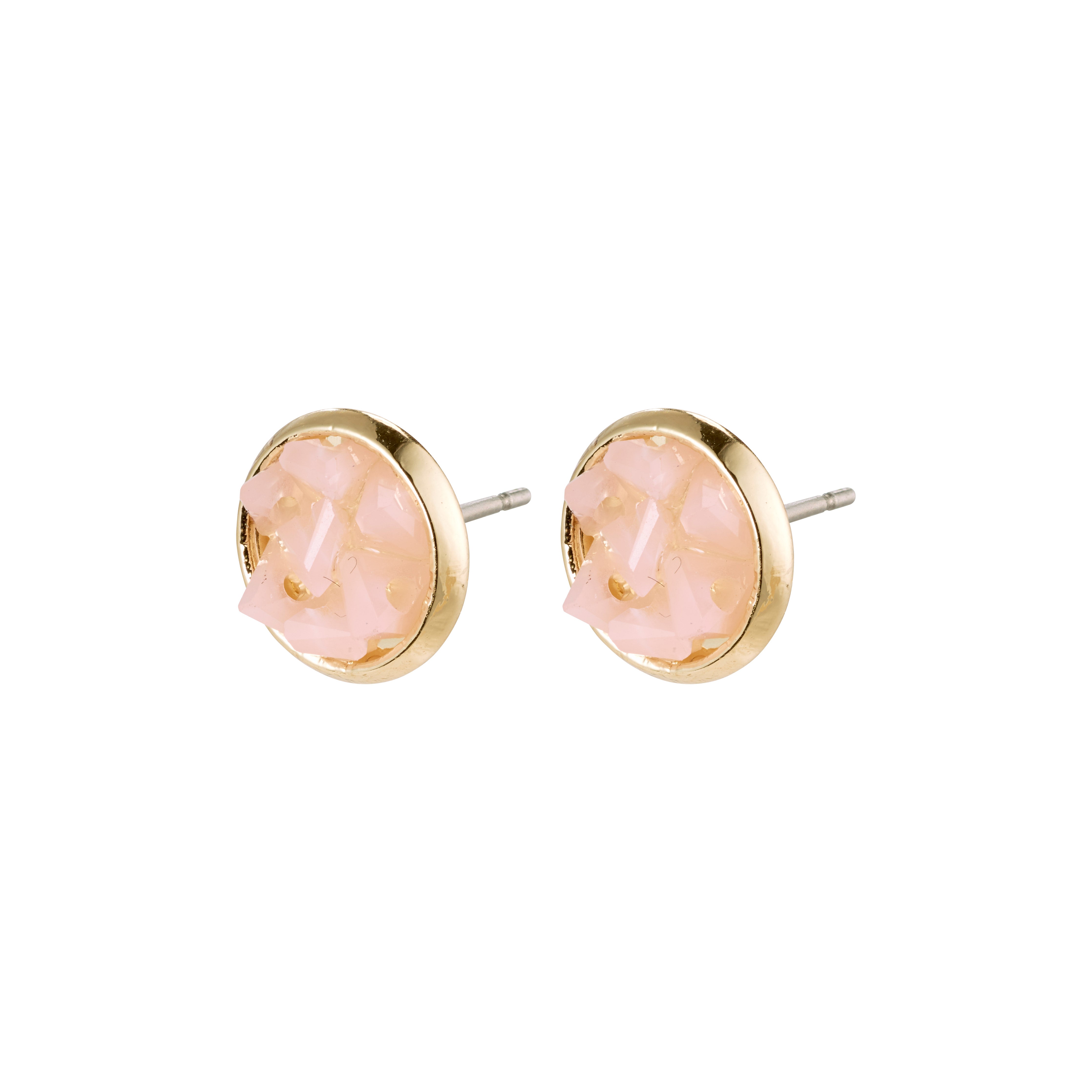 JOSEFINE gold-plated earrings featuring rustic pink stones set in a shiny round frame, blending edgy and elegant styles for a trendy look.