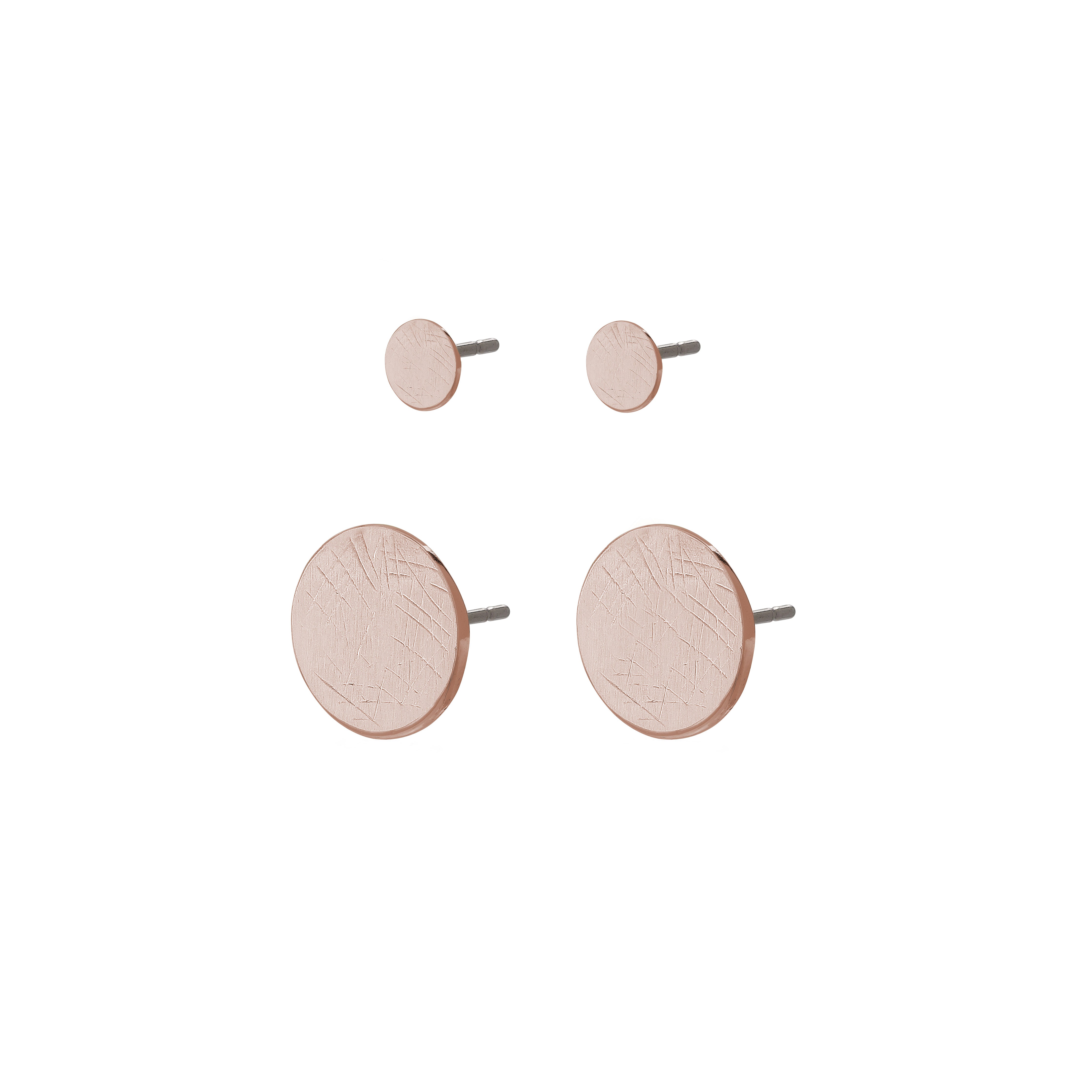 JACY earrings set in rose gold-plated finish features two pairs of brushed round discs, showcasing a simple yet stylish design.