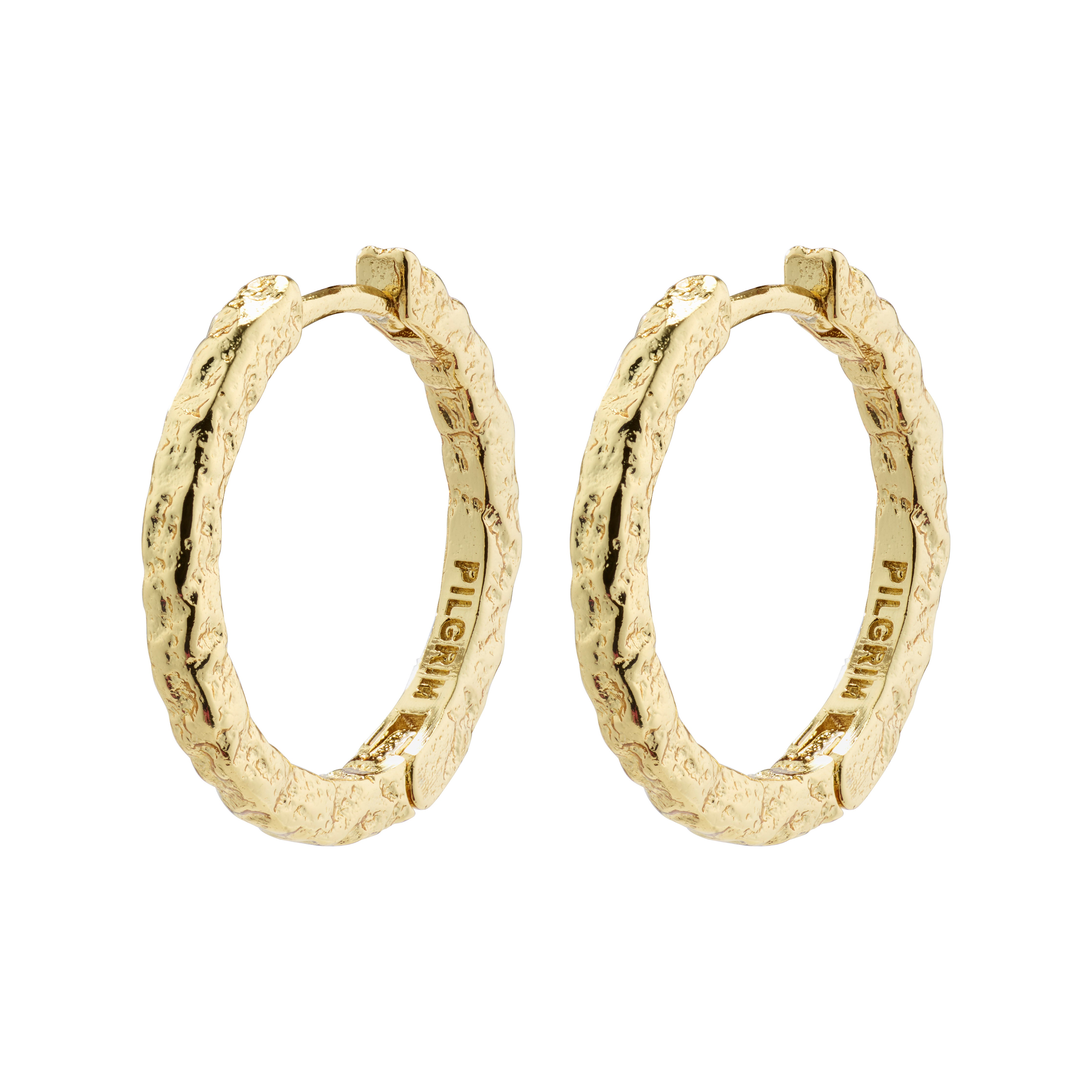ELANOR rustic texture hoop earrings, gold-plated, with a shiny finish and organic feel, embodying Scandinavian quality from Pilgrim's handmade jewellery collection.