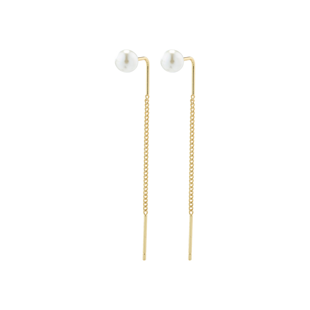 ELBA long chain pearl earrings gold-plated, featuring a classic pearl stud with a gold chain, adding movement and elegance to any ensemble.