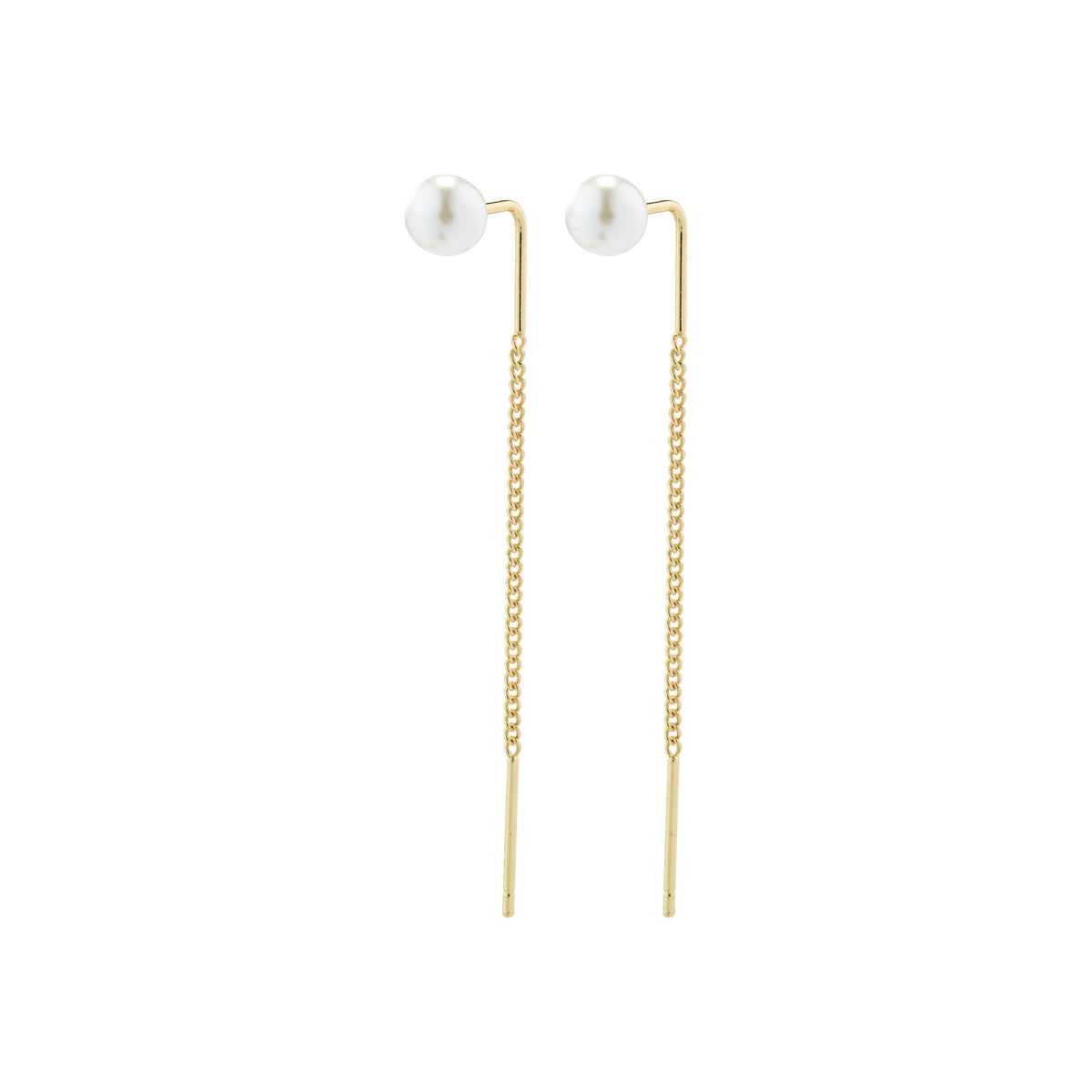 ELBA long chain pearl earrings gold-plated, featuring a classic pearl stud with a gold chain, adding movement and elegance to any ensemble.