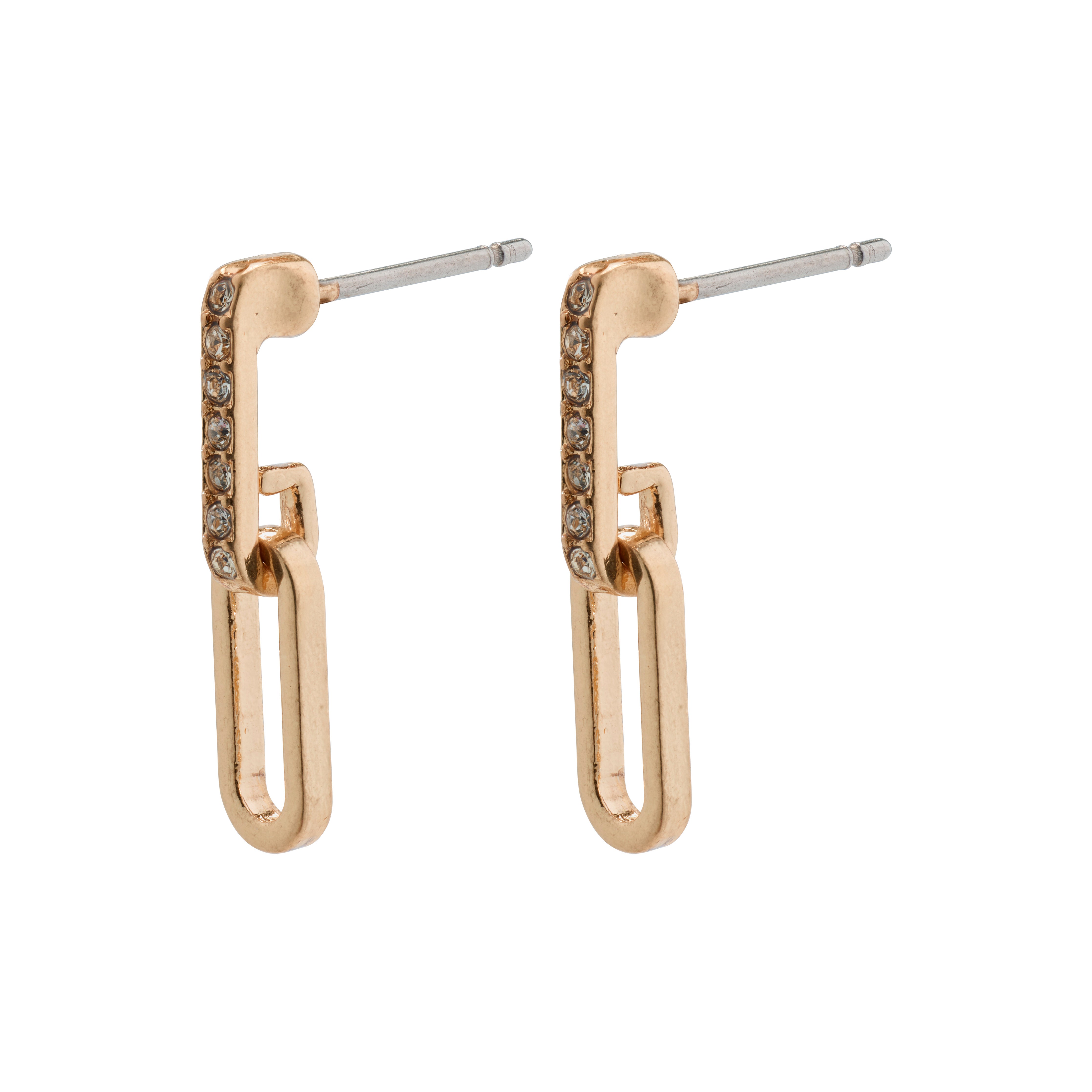 ELISE oval link crystal earrings, rose gold-plated, showcasing futuristic design with edgy links and shiny Preciosa crystals for a stylish, everyday glamour.