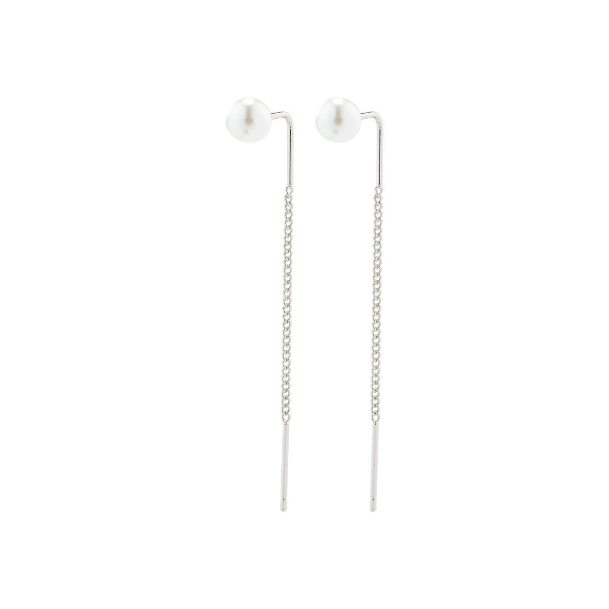 ELBA long chain pearl earrings, featuring silver-plated chains and classic white pearls, offering a modern twist on timeless elegance.
